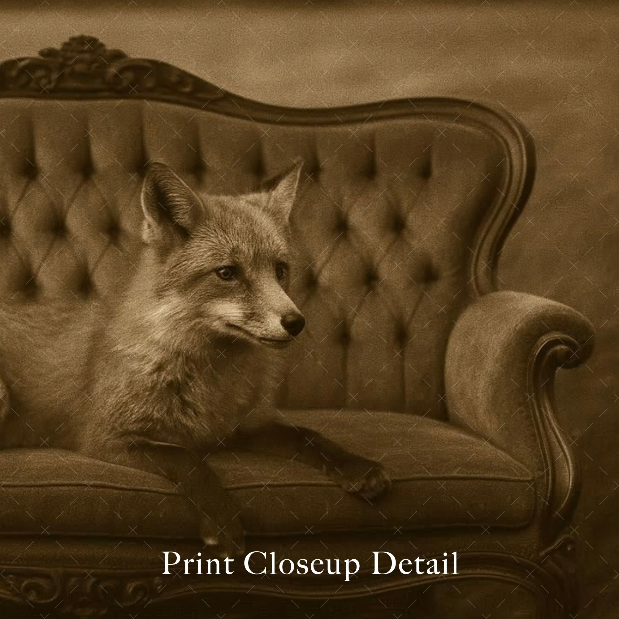 Fox on Victorian Sofa: Elegant Whimsical Sepia Art Print