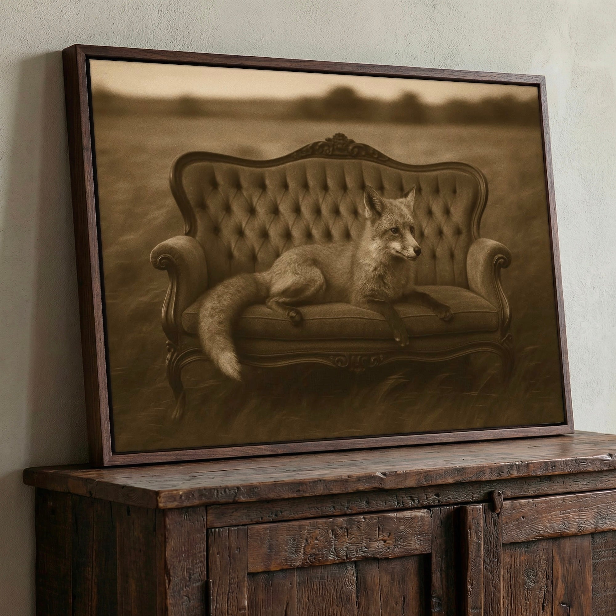 Fox on Victorian Sofa: Elegant Whimsical Sepia Art Print