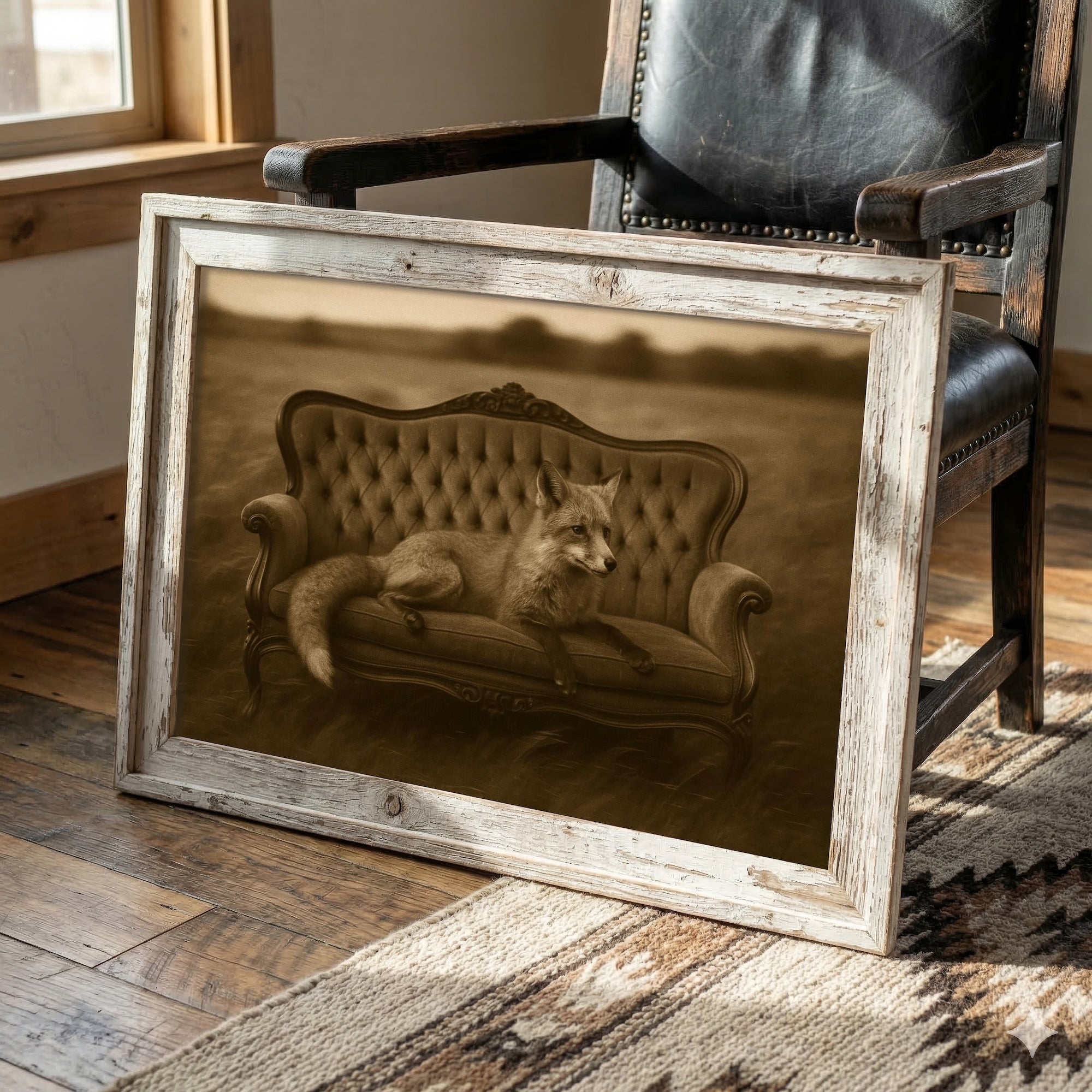 Fox on Victorian Sofa: Elegant Whimsical Sepia Art Print