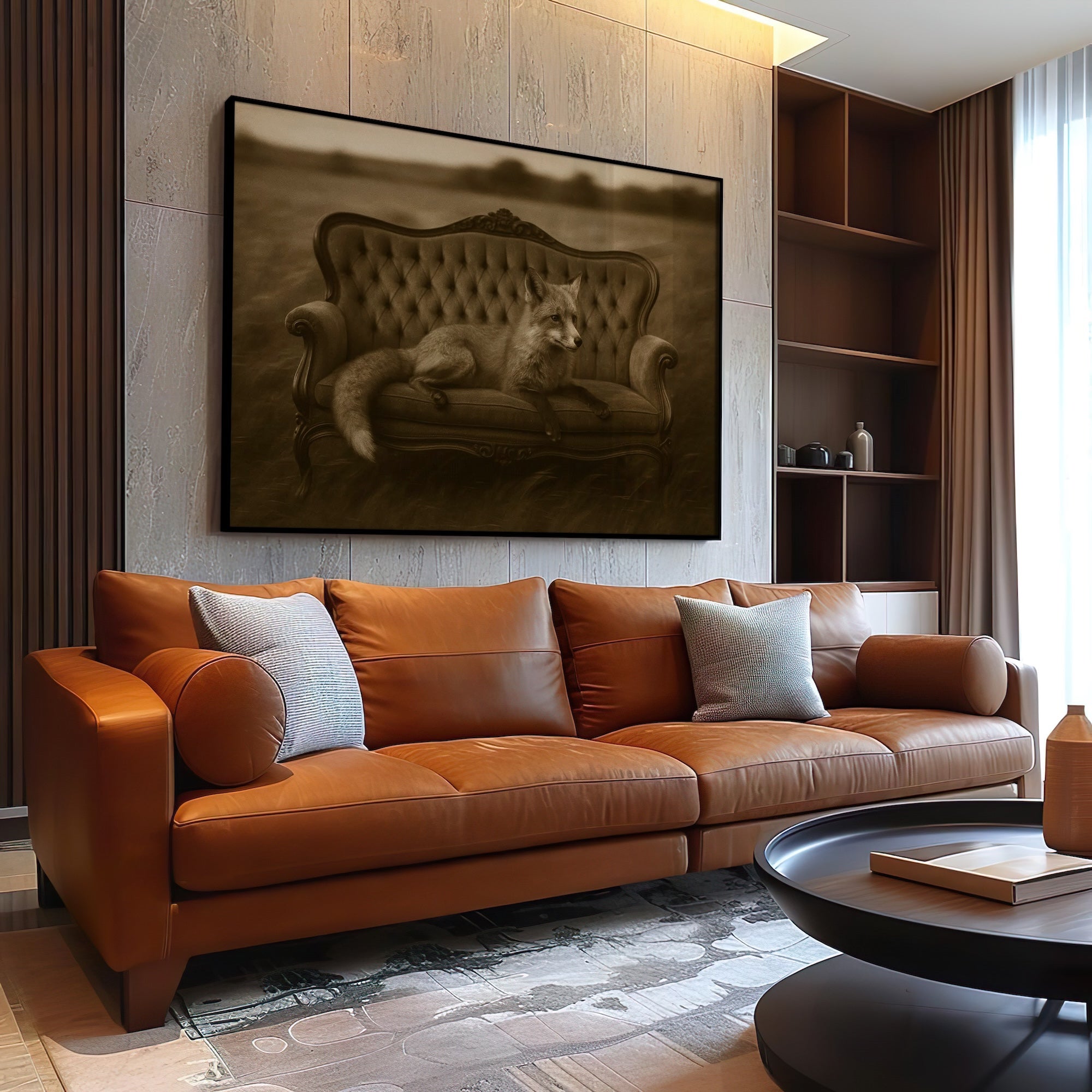Fox on Victorian Sofa: Elegant Whimsical Sepia Art Print