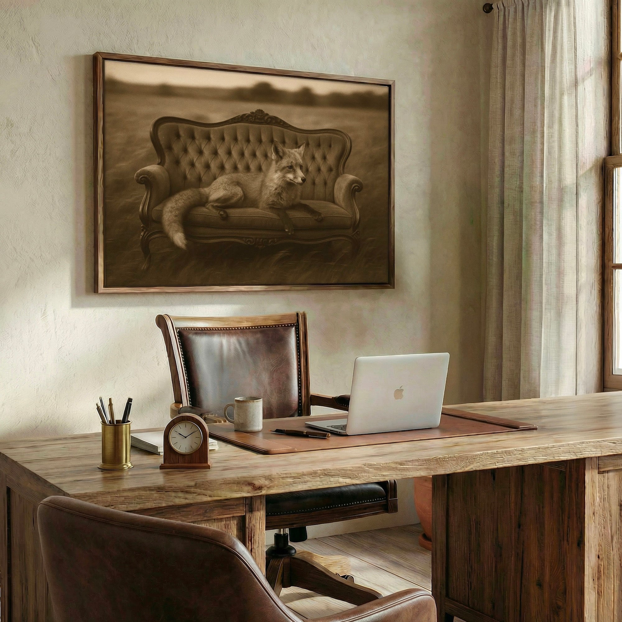 Fox on Victorian Sofa: Elegant Whimsical Sepia Art Print