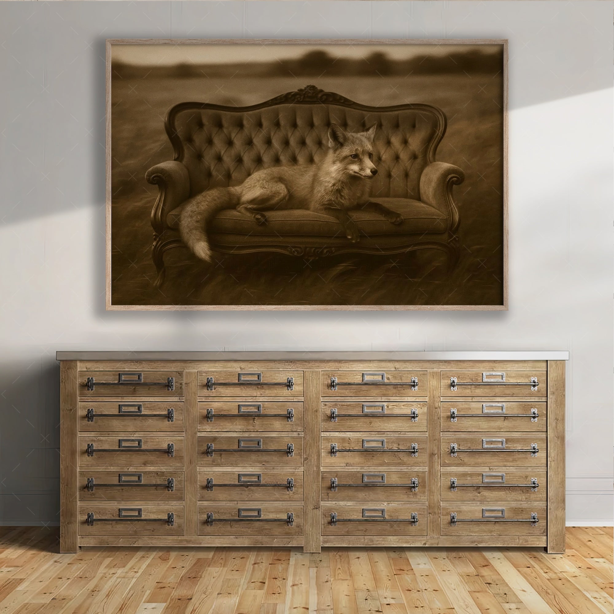 Fox on Victorian Sofa: Elegant Whimsical Sepia Art Print