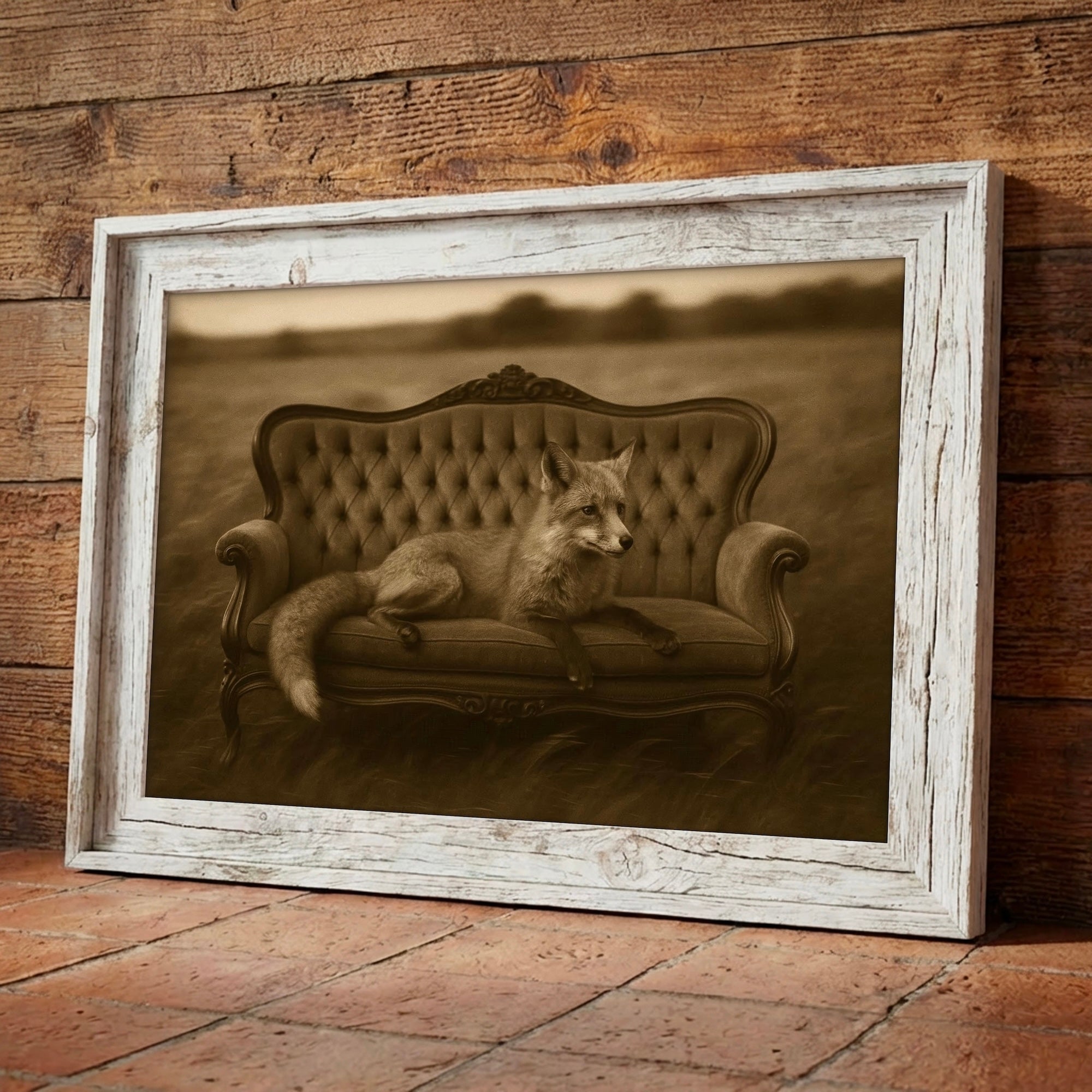 Fox on Victorian Sofa: Elegant Whimsical Sepia Art Print