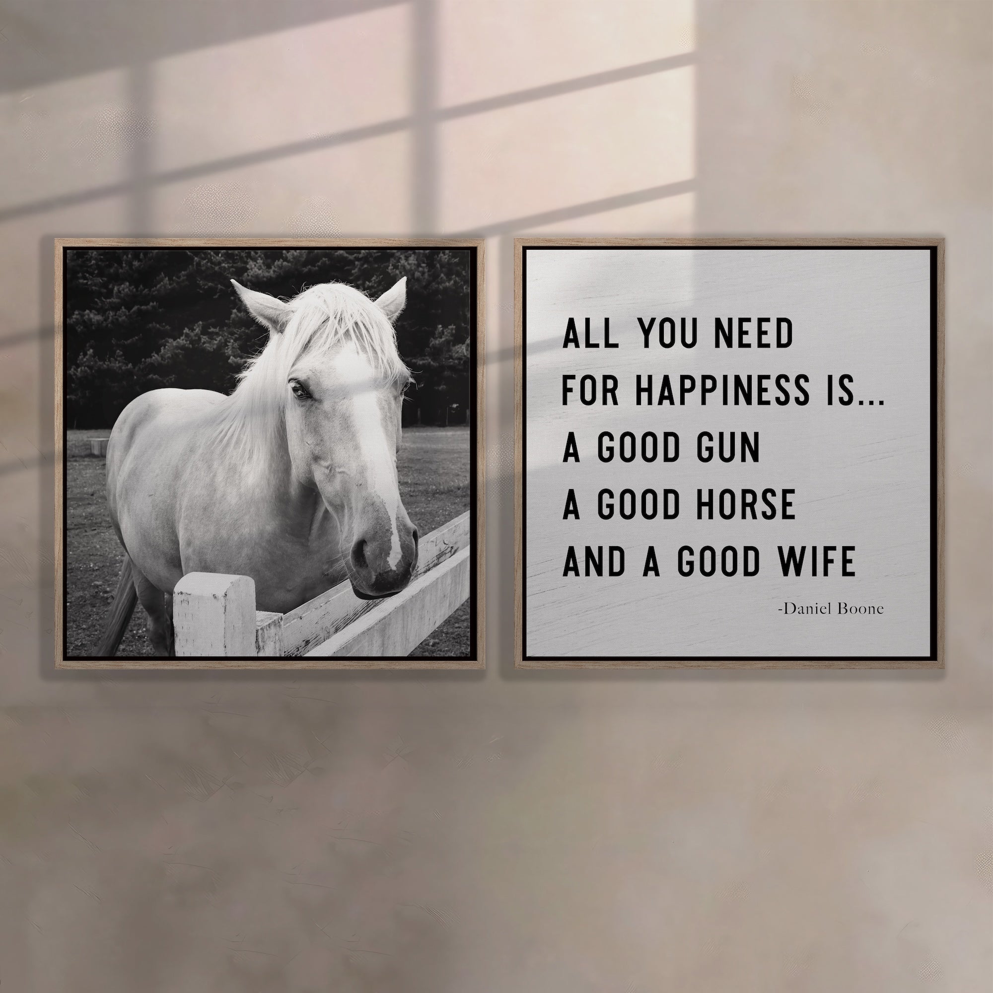 Timid Palomino Horse & Daniel Boone Quote Bundle: All You Need for Happiness Is A Good Gun, A Good Horse, and A Good Wife (Ready-to-Hang Canvas or Ready-to-Frame Fine Art Poster Print Set)