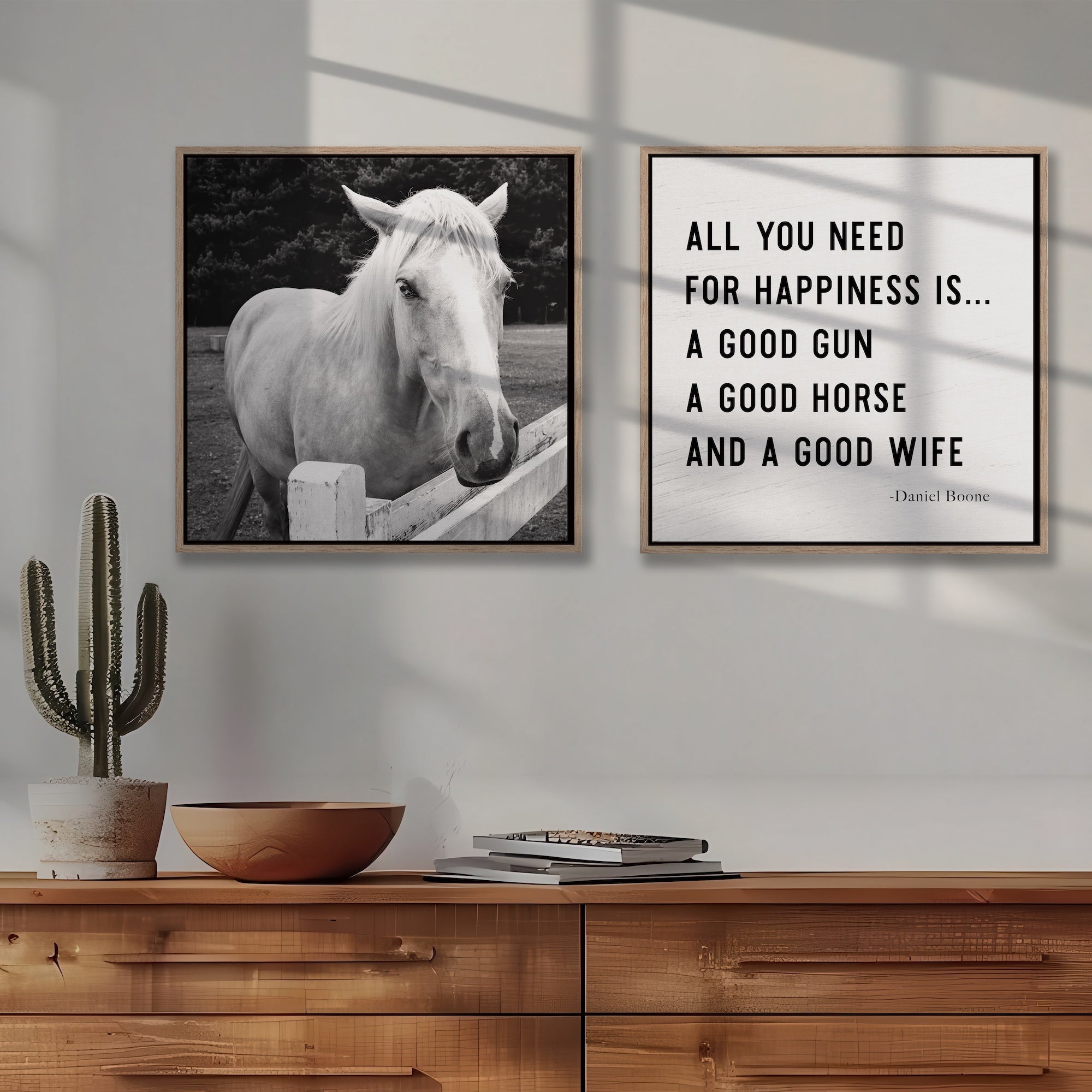 Timid Palomino Horse & Daniel Boone Quote Bundle: All You Need for Happiness Is A Good Gun, A Good Horse, and A Good Wife (Ready-to-Hang Canvas or Ready-to-Frame Fine Art Poster Print Set)