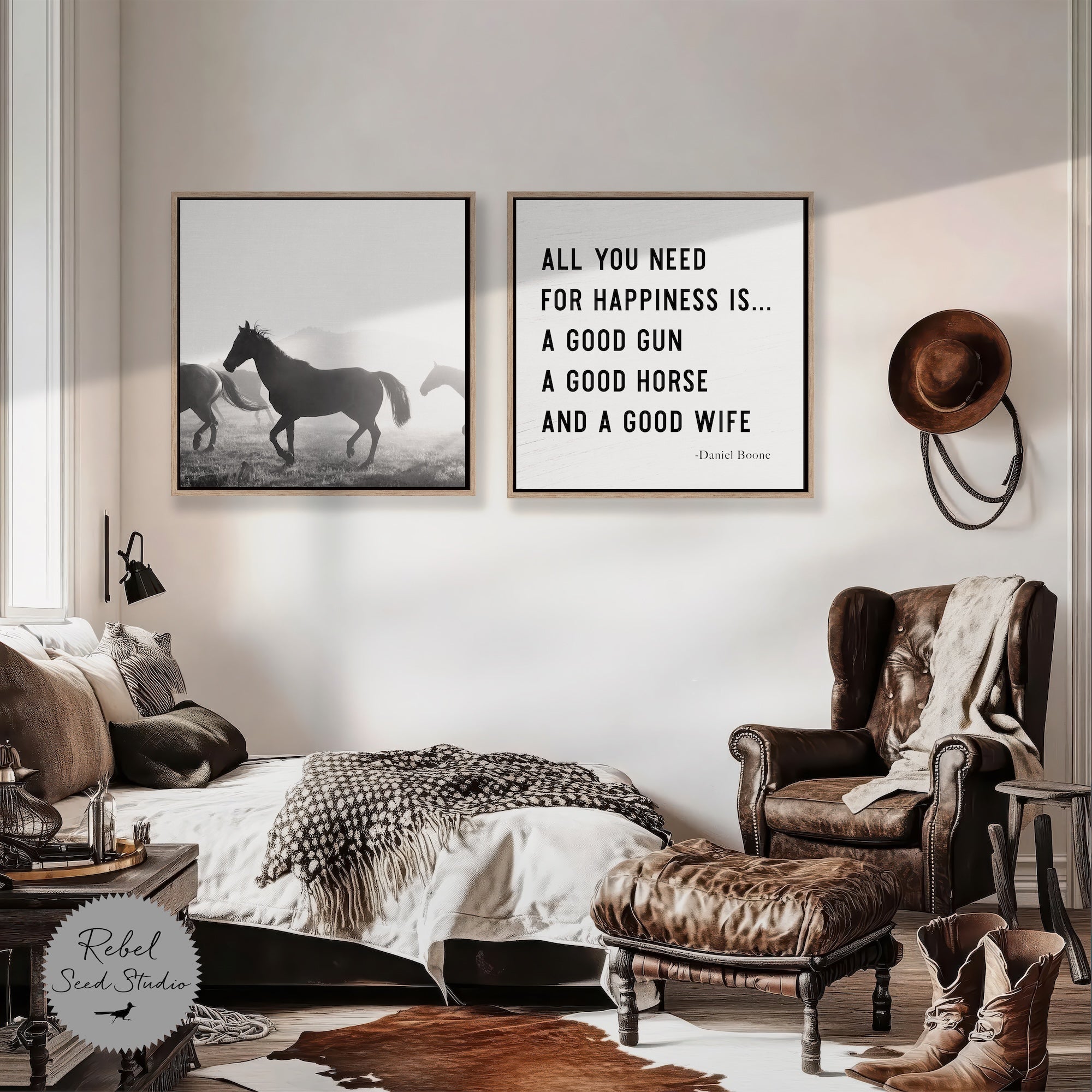 Horses | Daniel Boone Quote: All You Need For Happiness Is A Good Gun, A Good Horse & A Good Wife (Art Print Bundle)