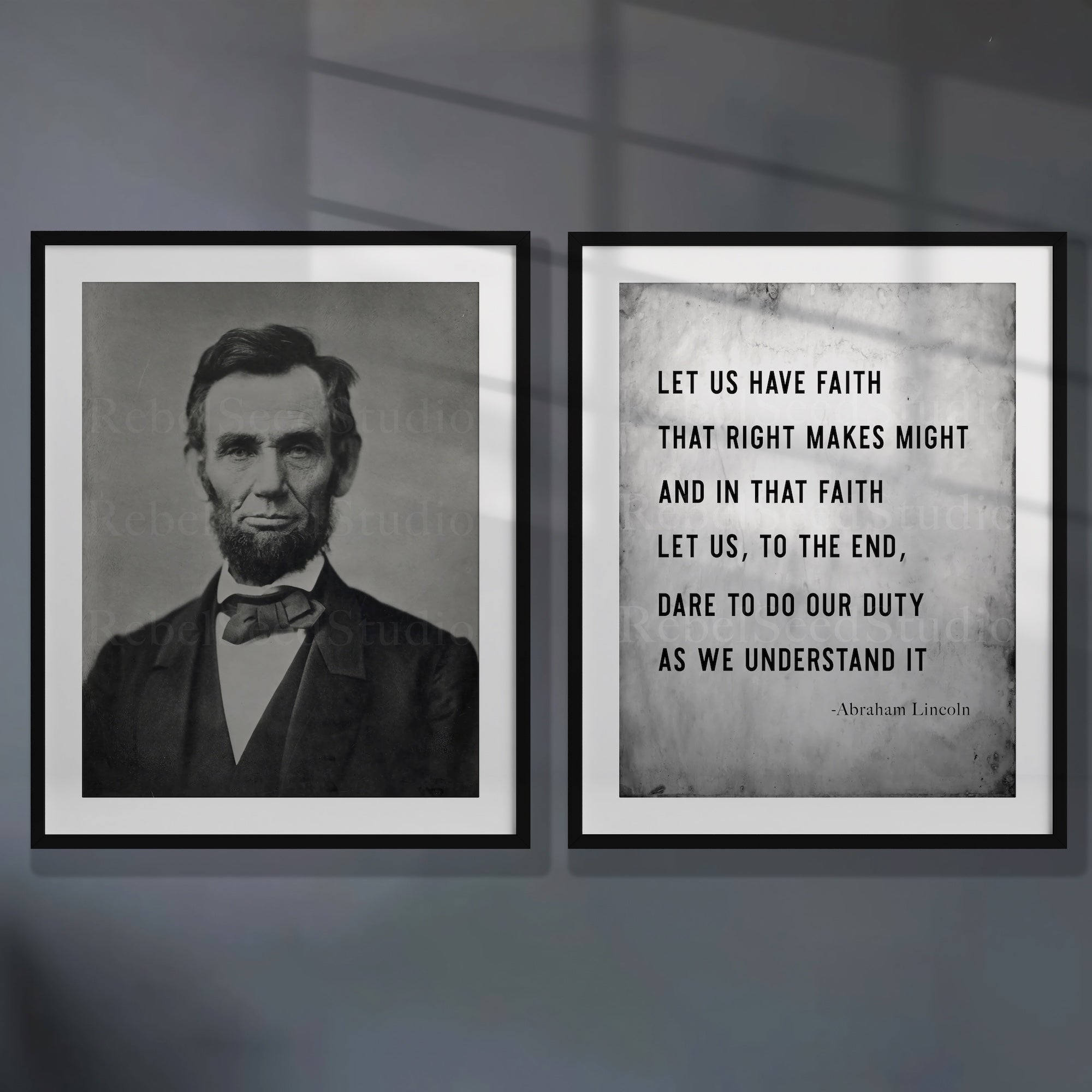 Abraham Lincoln: Restored Vintage Black & White Photograph and Right Makes Might Quote Bundle (Ready-to-Frame Fine Art Poster Print Set)