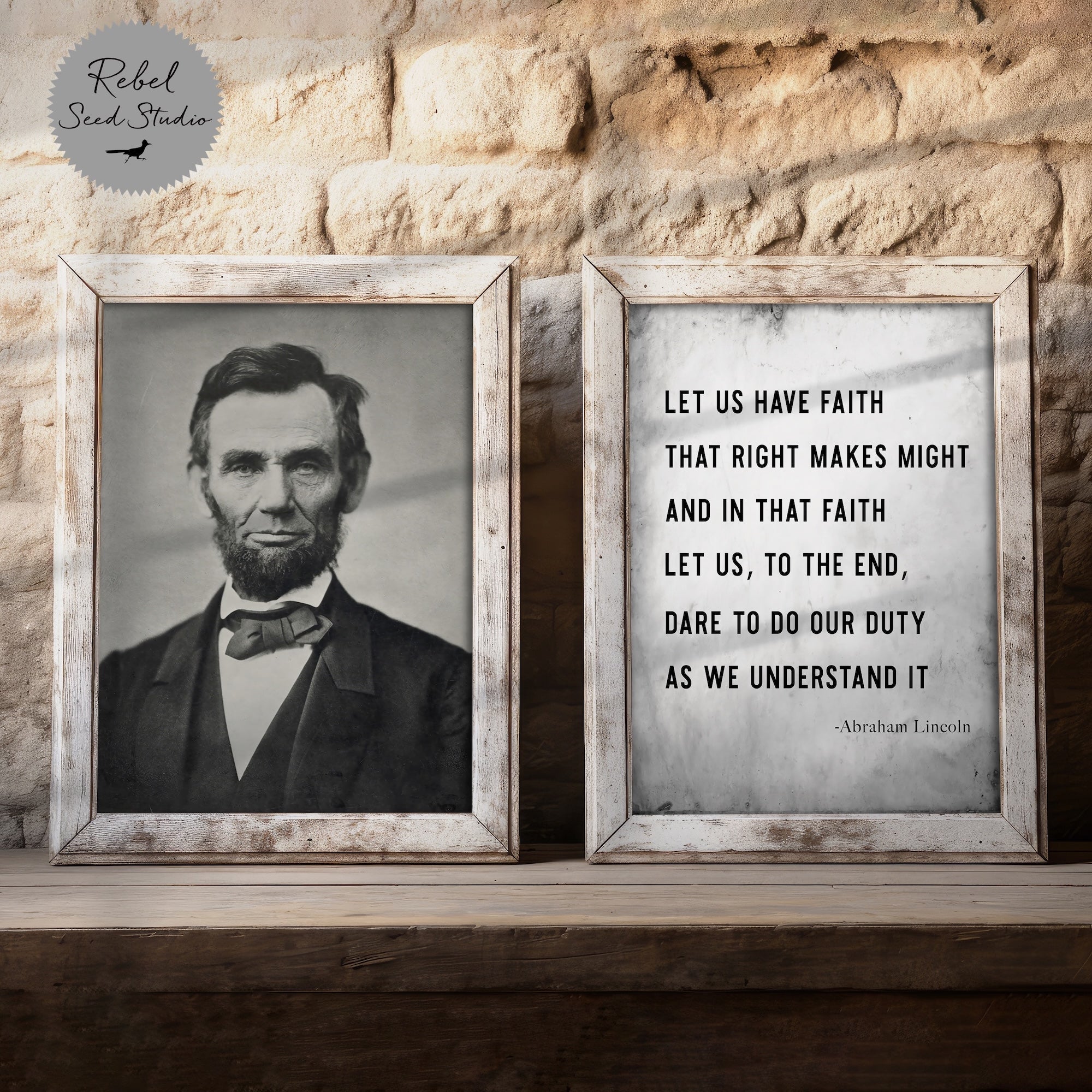 Abraham Lincoln: Restored Vintage Black & White Photograph and Right Makes Might Quote Bundle (Ready-to-Frame Fine Art Poster Print Set)