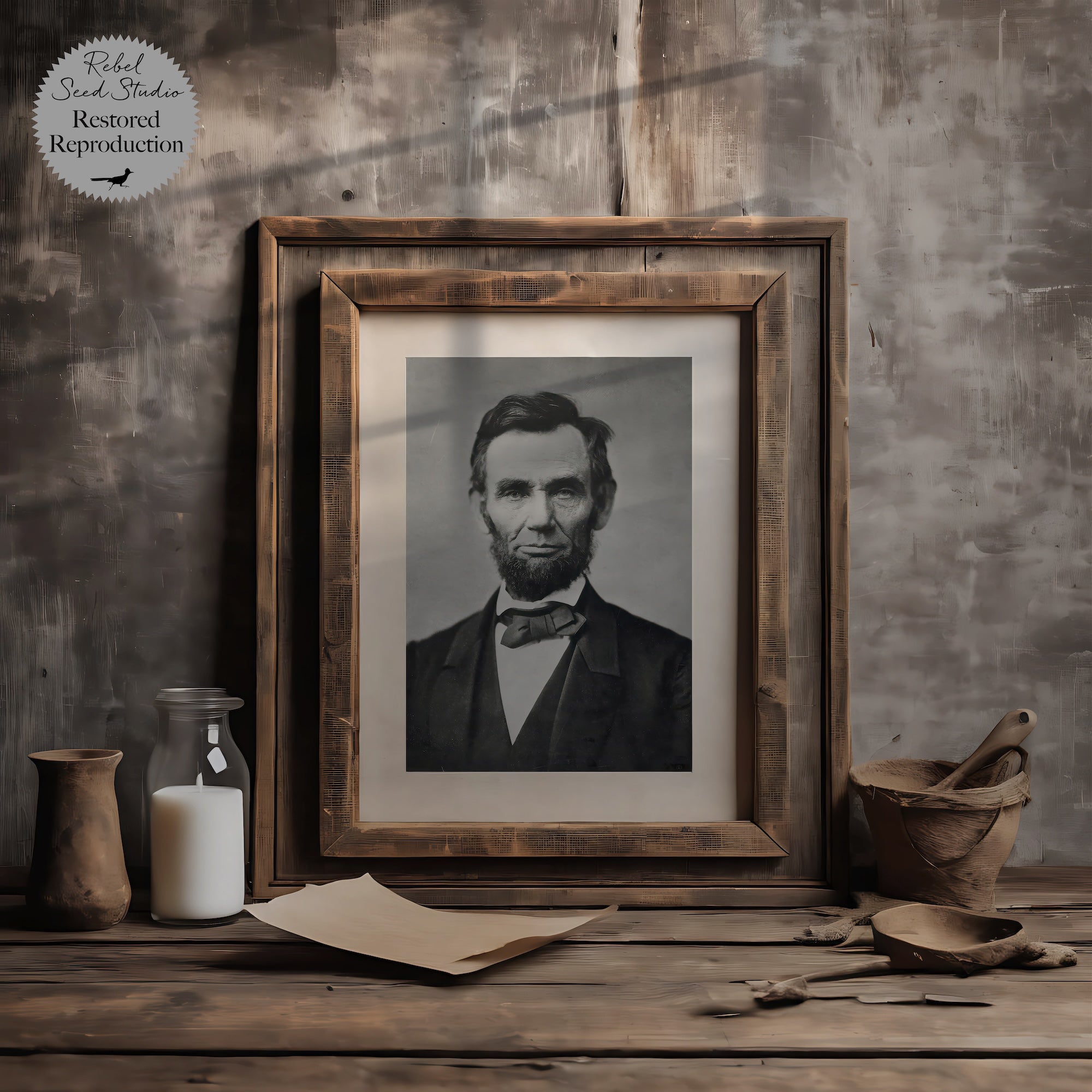 Abraham Lincoln: Restored Vintage Black & White Photograph and Right Makes Might Quote Bundle (Ready-to-Frame Fine Art Poster Print Set)