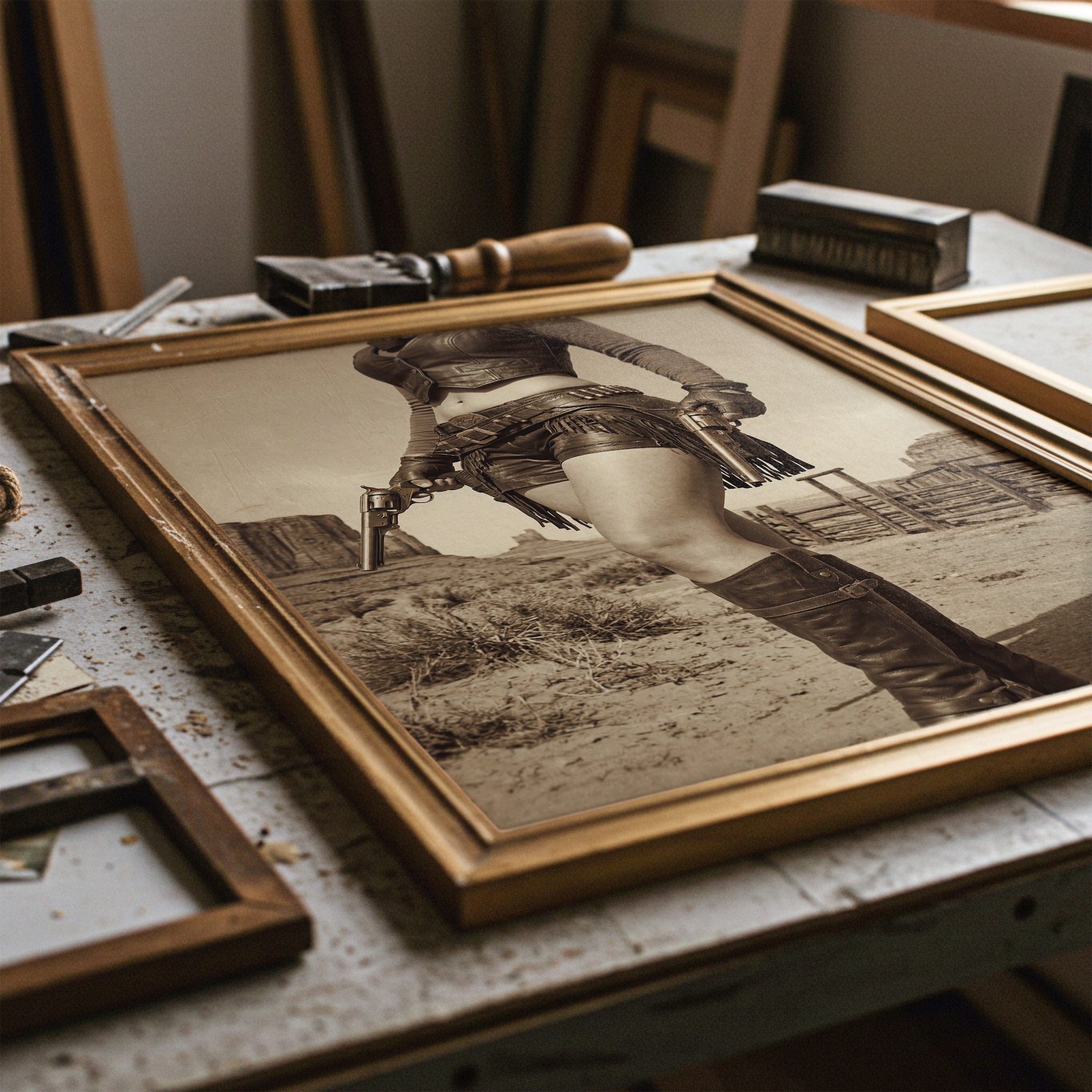 Modern Old West Outlaw Cowgirl: Vintage Sepia Art Print