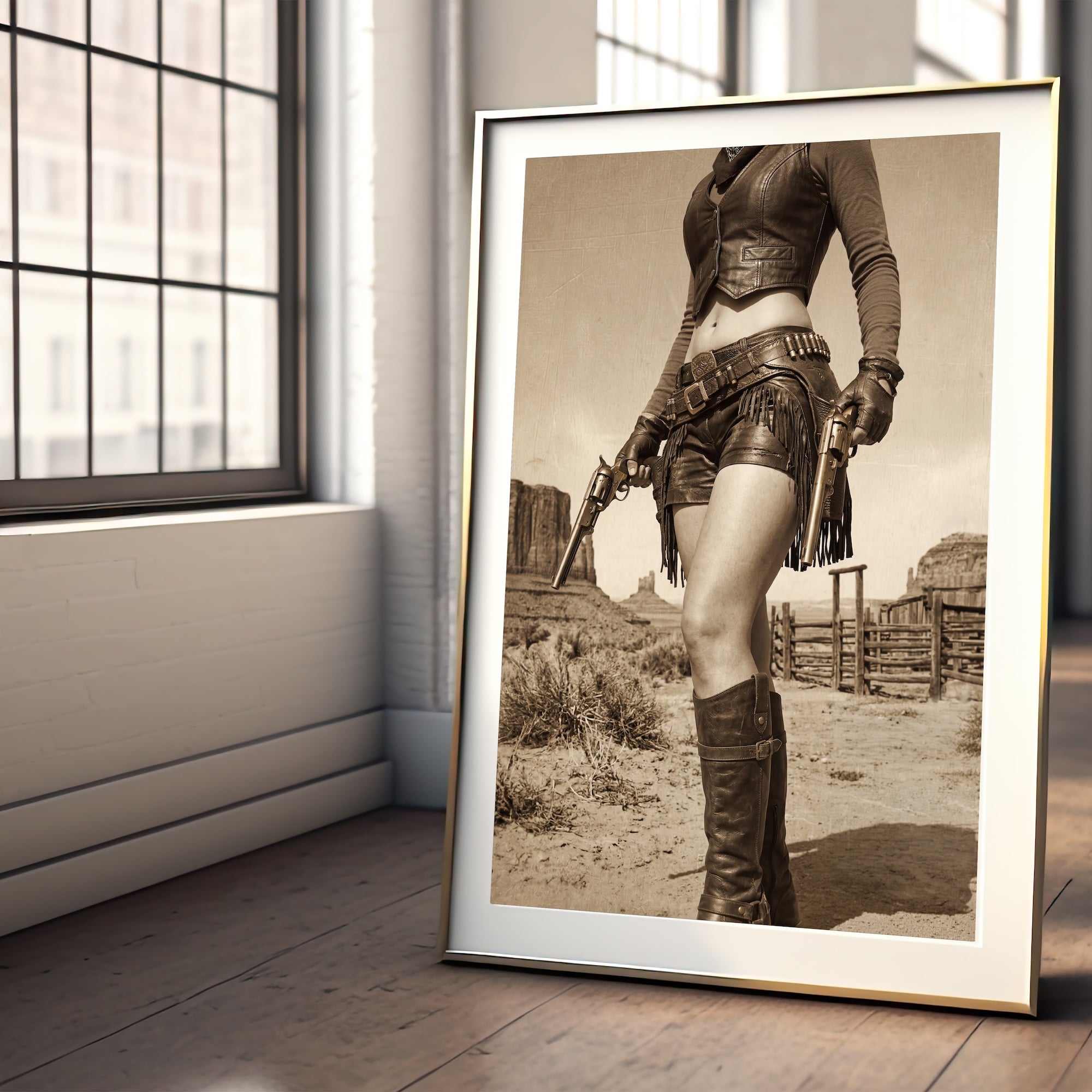 Modern Old West Outlaw Cowgirl: Vintage Sepia Art Print