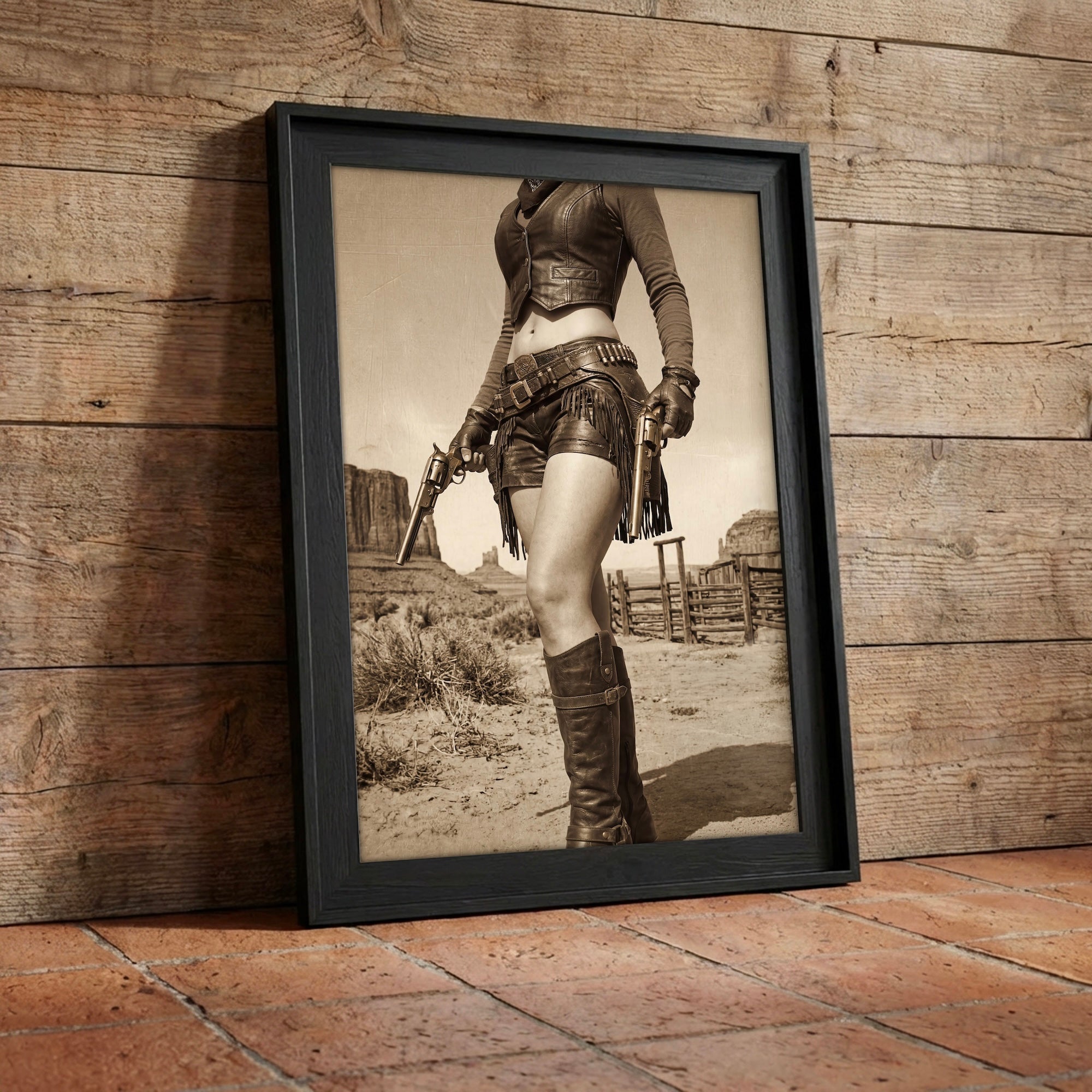 Modern Old West Outlaw Cowgirl: Vintage Sepia Art Print