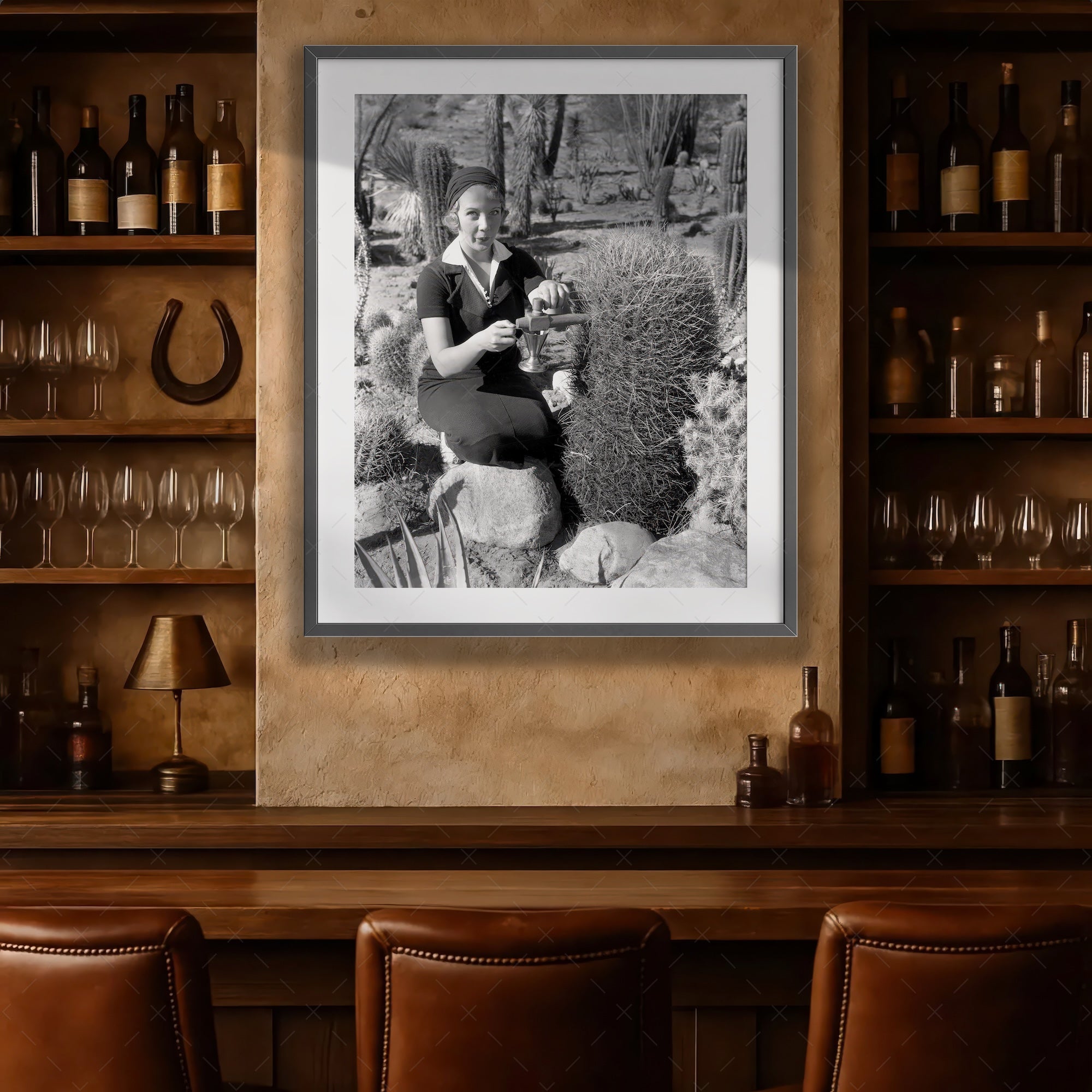 Prohibition in Palm Springs: Spiking the Barrel Cactus - Funny Vintage Black & White Photograph (Art Print)