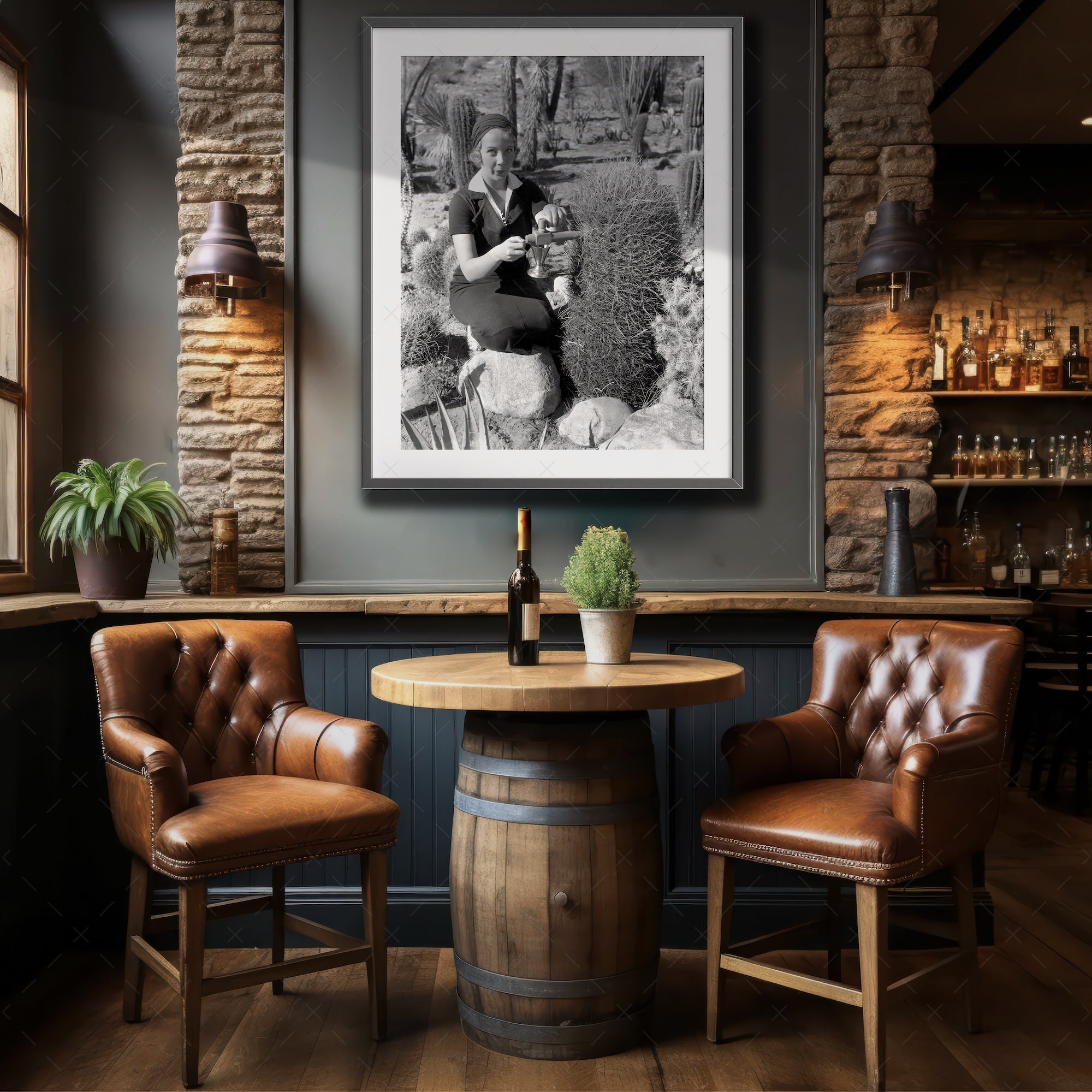 Prohibition in Palm Springs: Spiking the Barrel Cactus - Funny Vintage Black & White Photograph (Art Print)