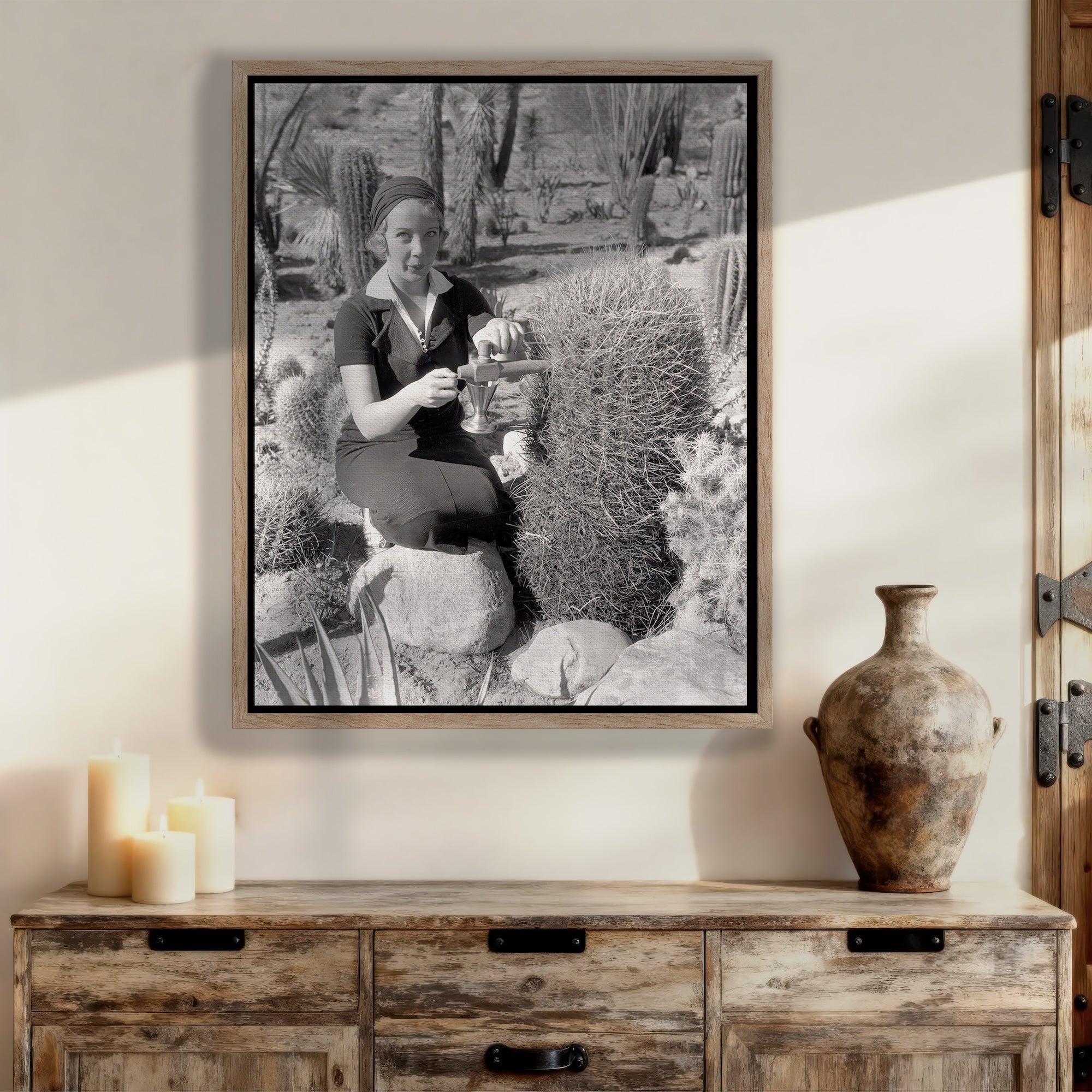 Prohibition in Palm Springs: Spiking the Barrel Cactus - Funny Vintage Black & White Photograph (Art Print)