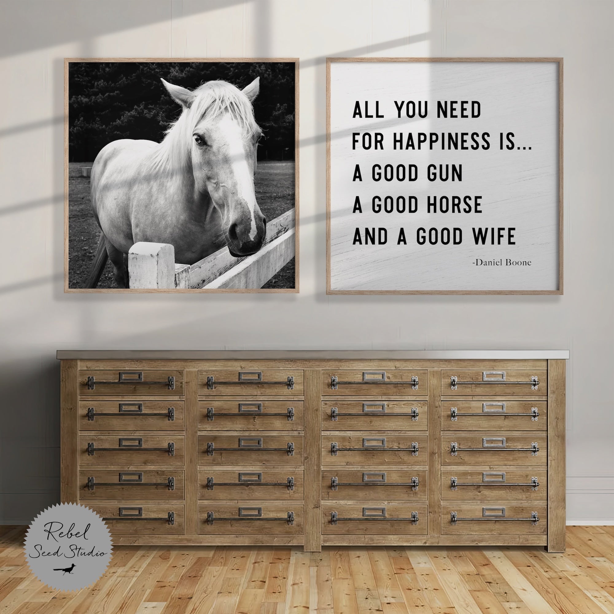 Redwood Creek Horse & Daniel Boone Quote: All You Need For Happiness Is A Good Gun, A Good Horse & A Good Wife (Digital Download | Ready-to-Print Art)