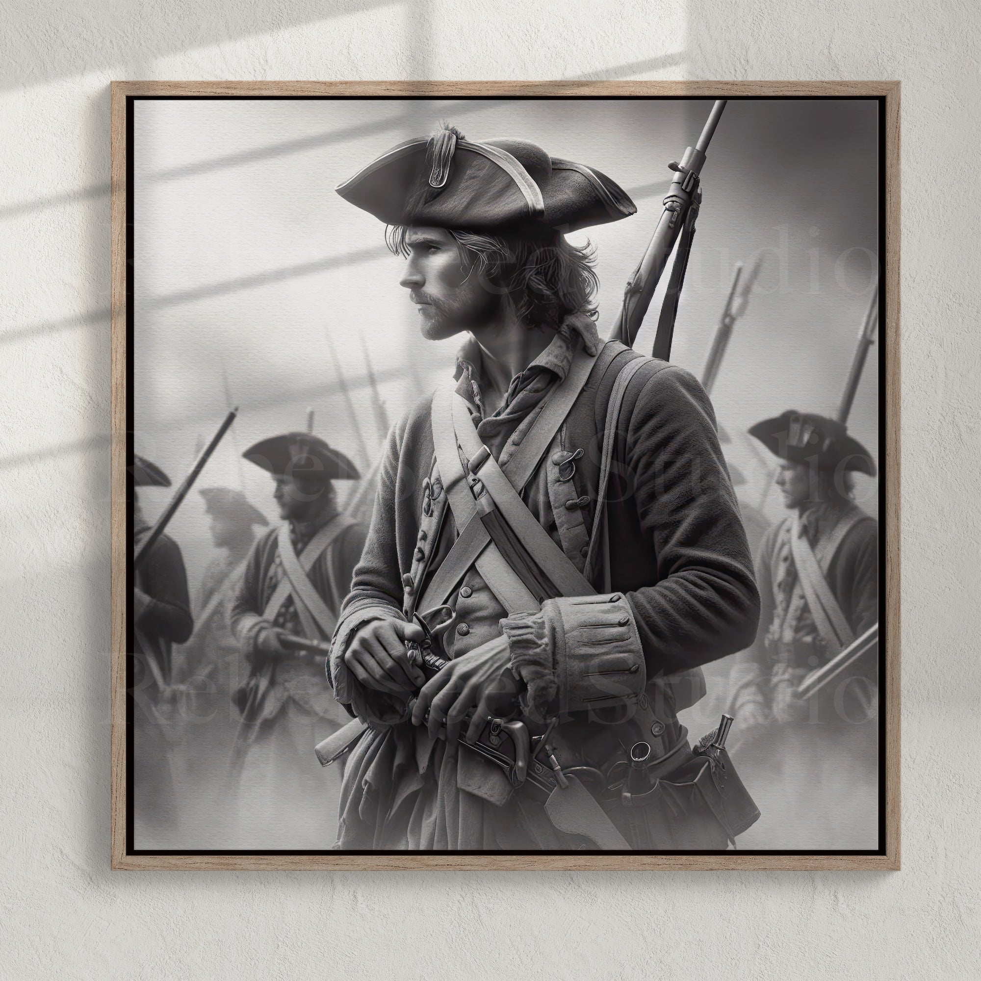Revolutionary War Patriot: Black & White American Independence Soldier (Ready-to-Hang Canvas or Ready-to-Frame Fine Art Poster Print)
