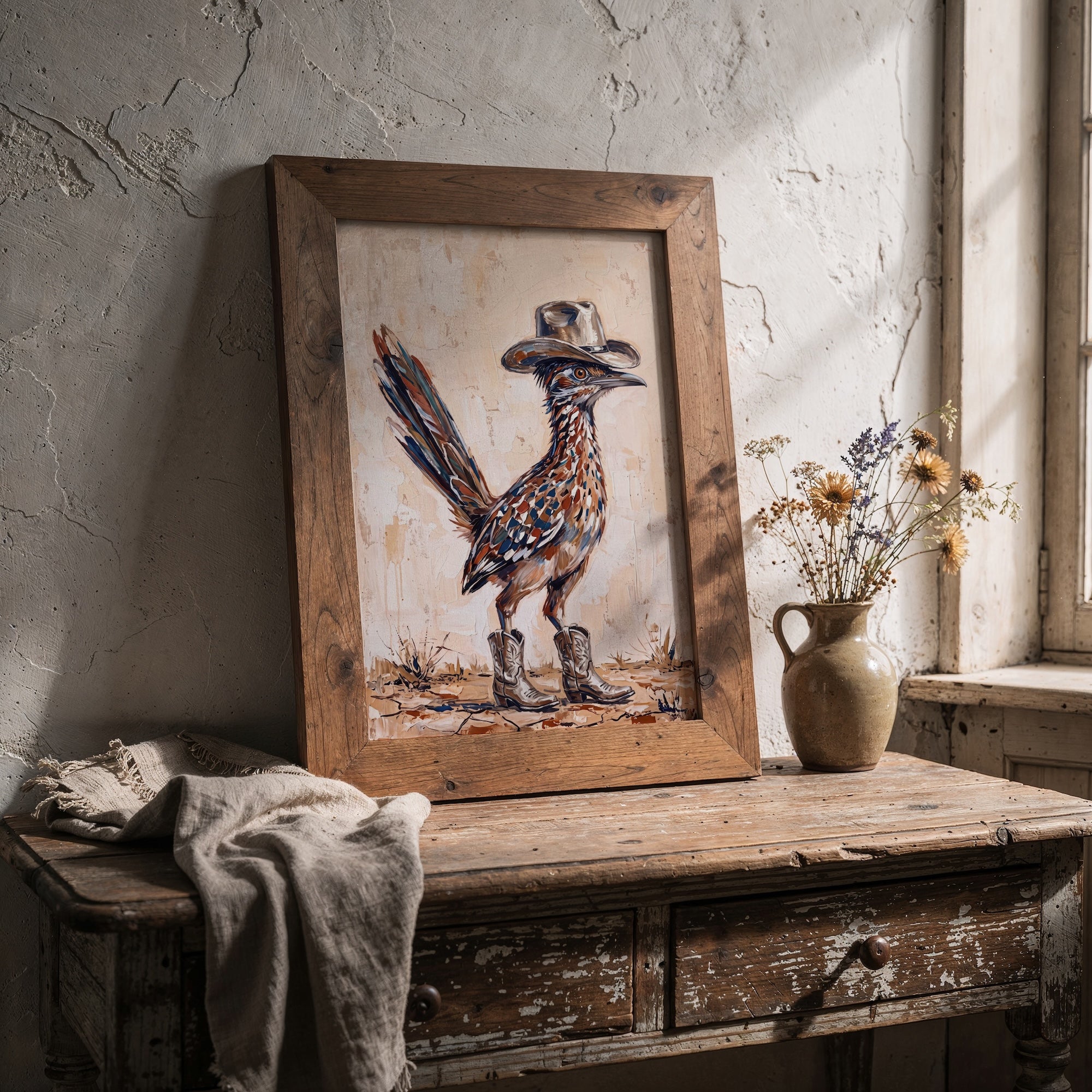 Old West Roadrunner in Cowboy Hat & Boots: Whimsical Western Desert Art Print