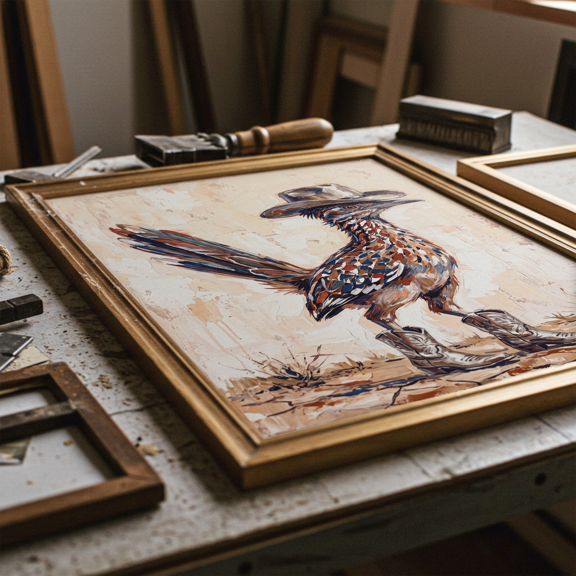 Old West Roadrunner in Cowboy Hat & Boots: Whimsical Western Desert Art Print