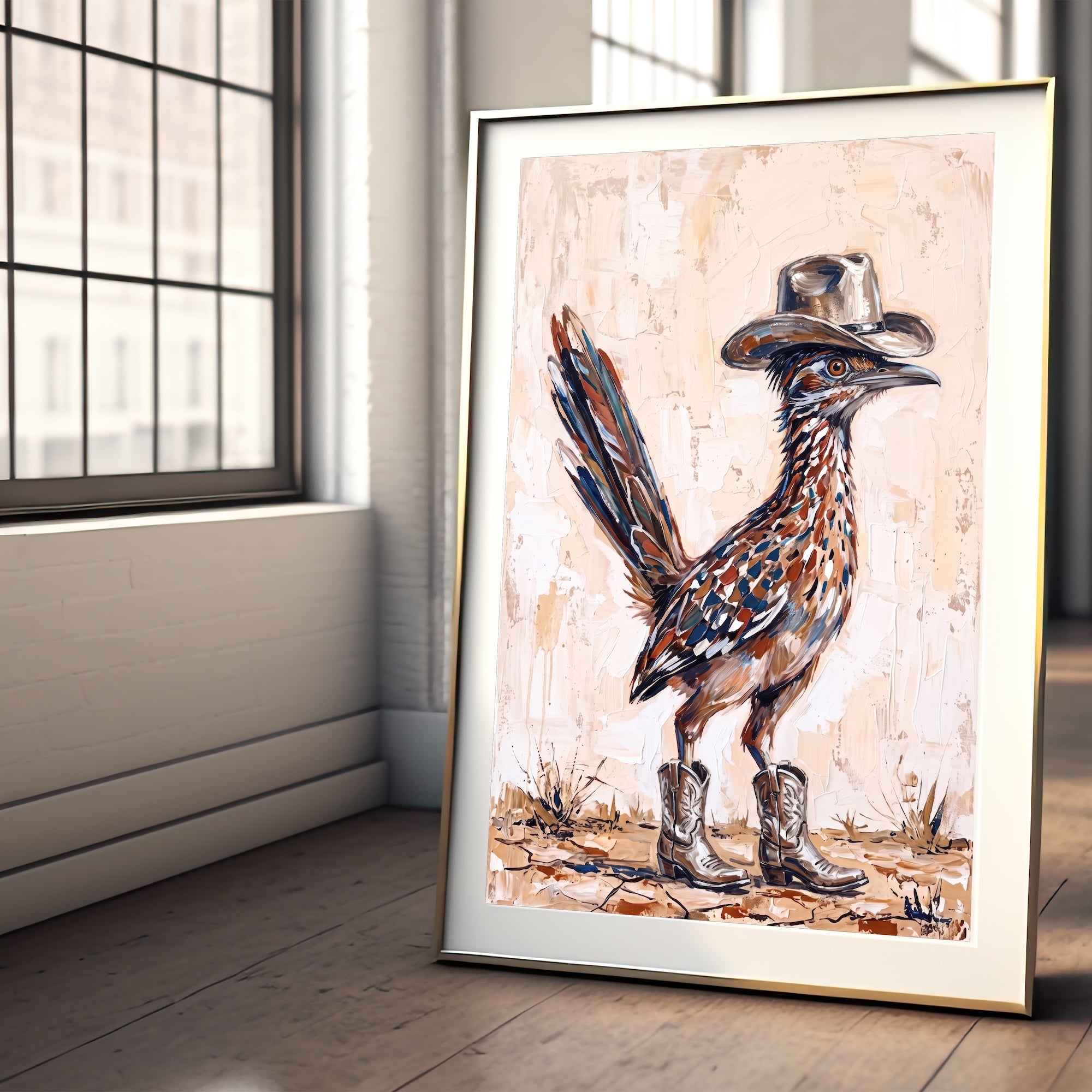 Old West Roadrunner in Cowboy Hat & Boots: Whimsical Western Desert Art Print