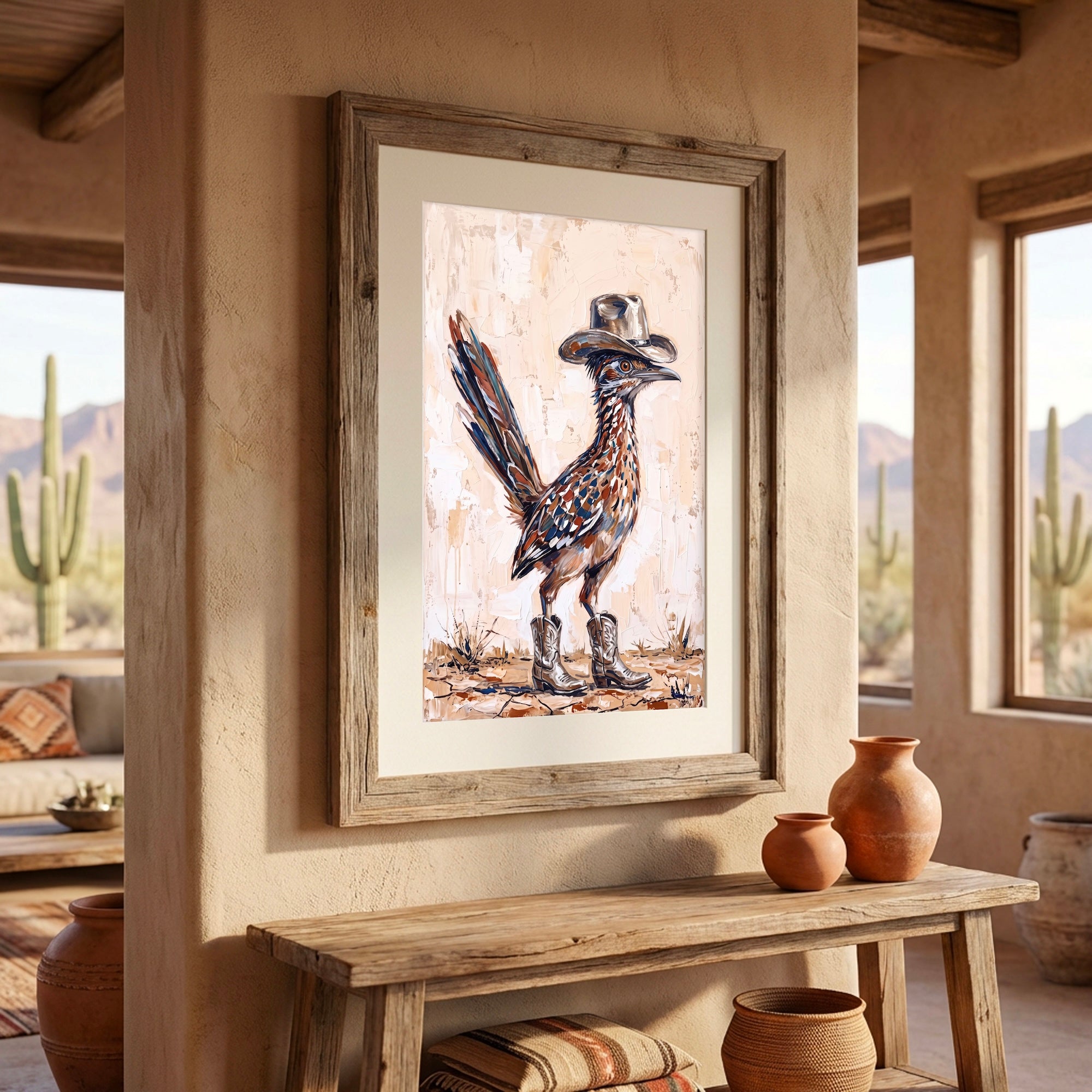 Old West Roadrunner in Cowboy Hat & Boots: Whimsical Western Desert Art Print