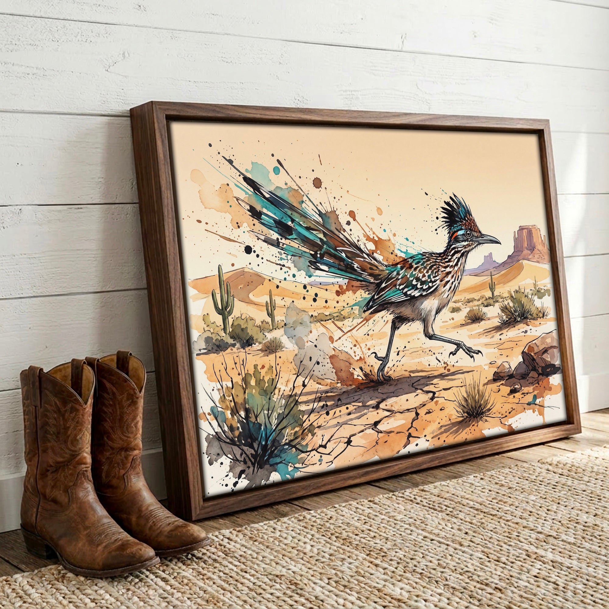 Roadrunner Ink Splash: Colorful Desert Drawing - Western Art Print