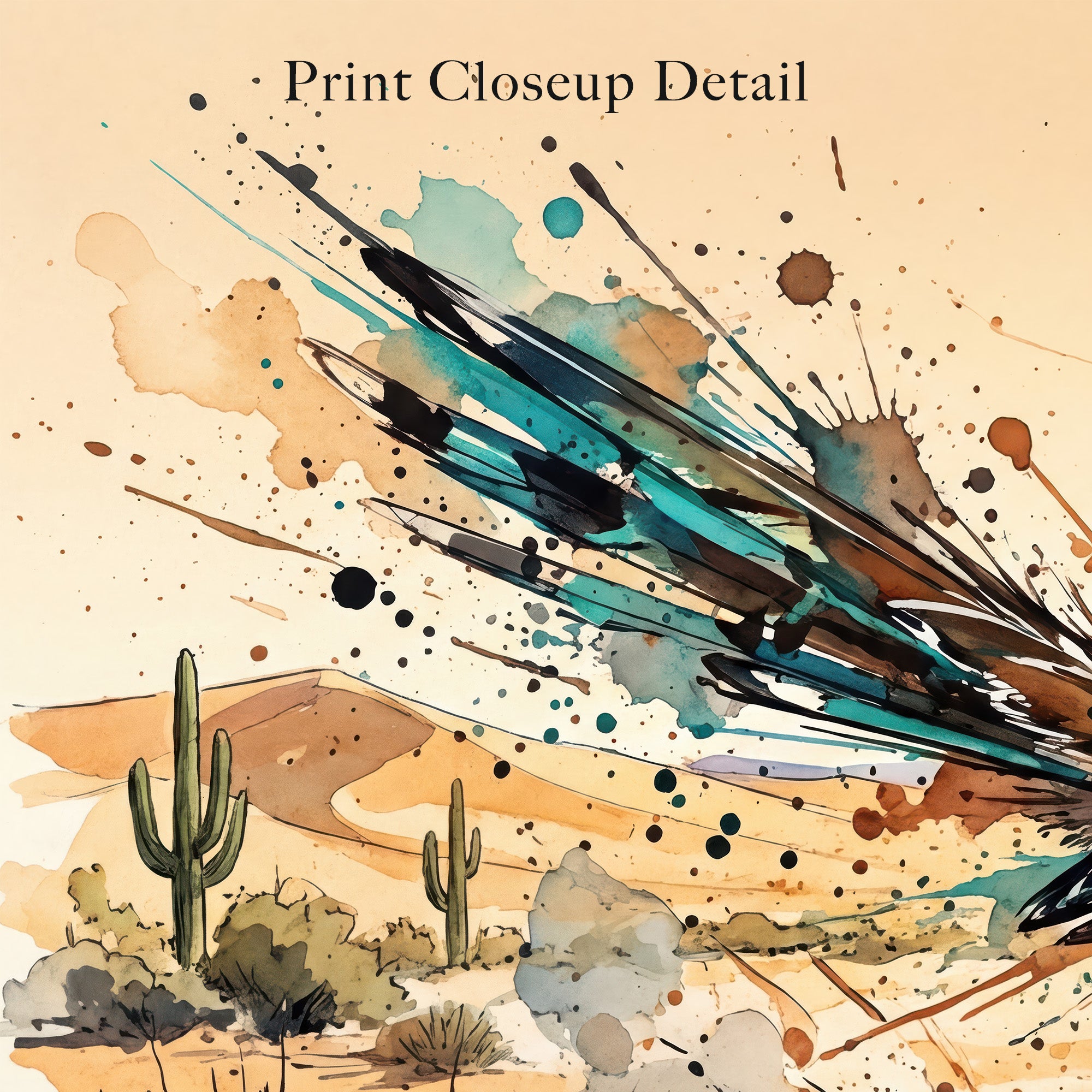Roadrunner Ink Splash: Colorful Desert Drawing - Western Art Print
