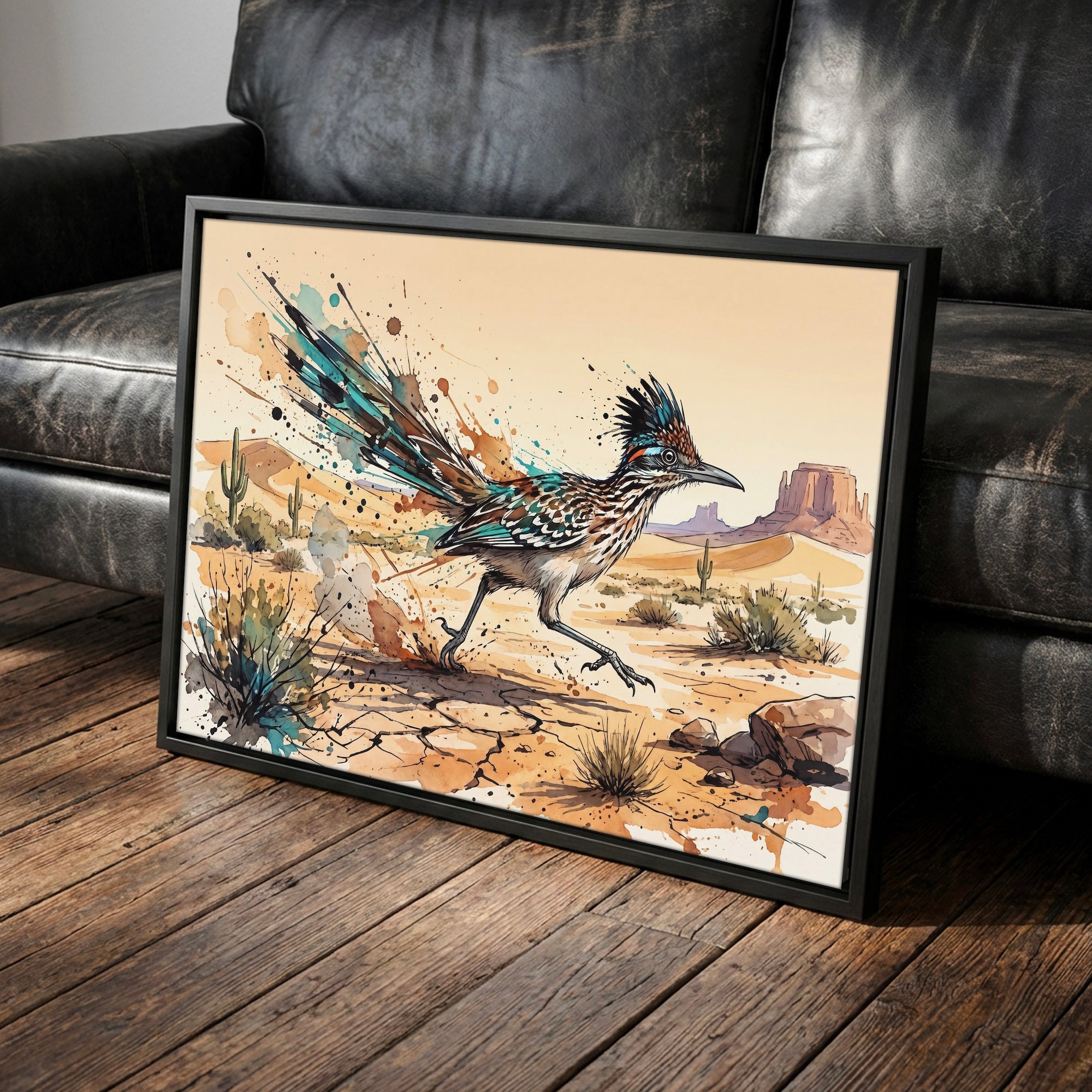 Roadrunner Ink Splash: Colorful Desert Drawing - Western Art Print