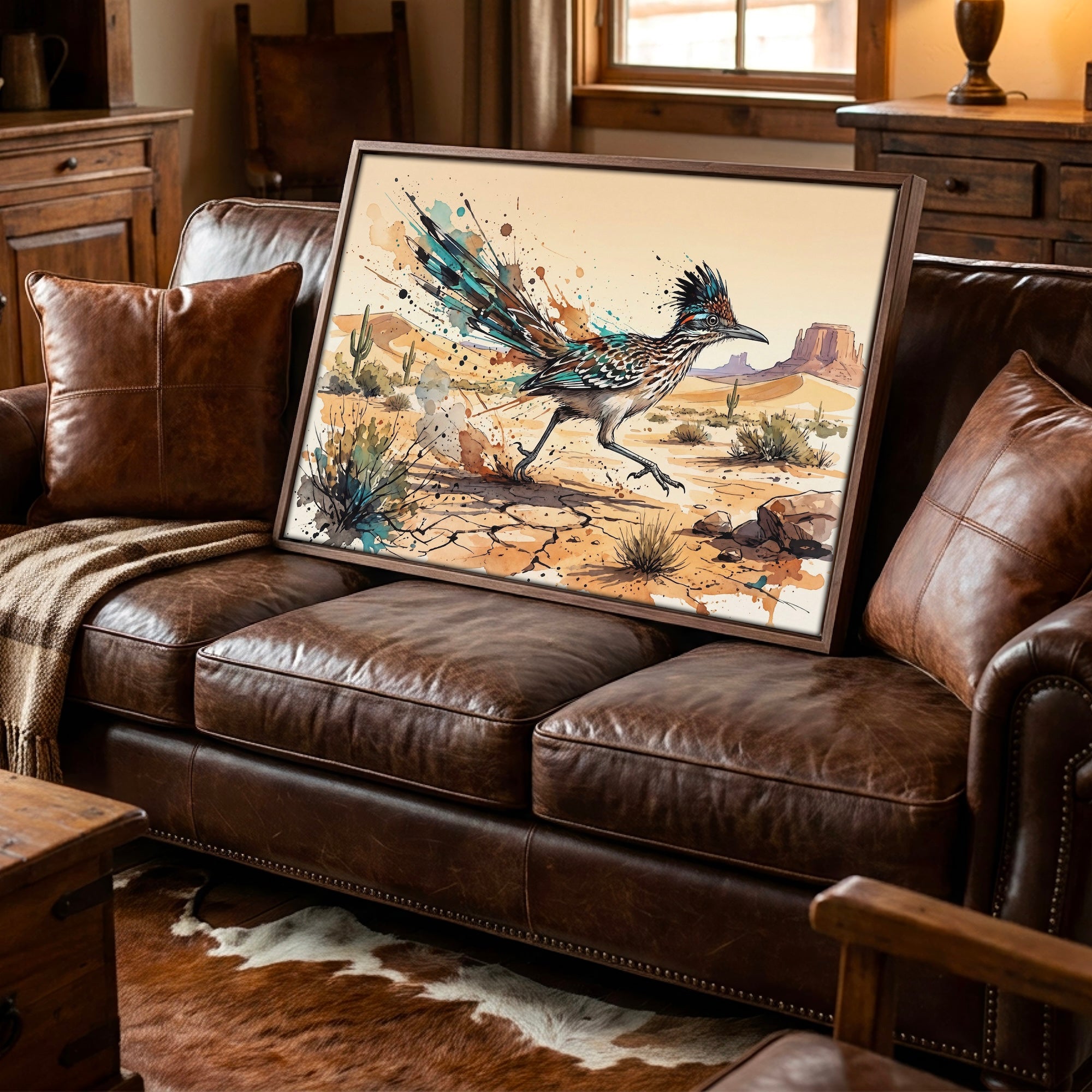 Roadrunner Ink Splash: Colorful Desert Drawing - Western Art Print