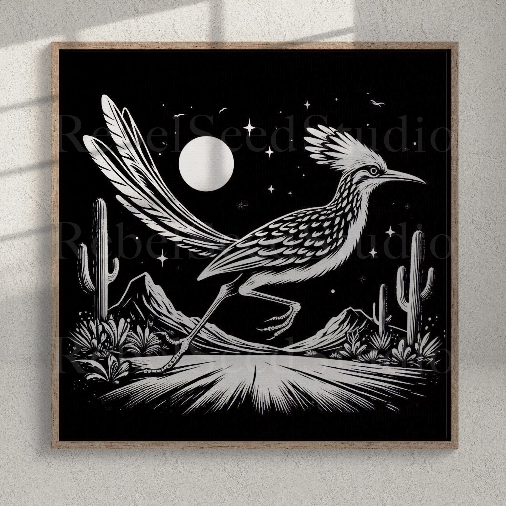 Roadrunner Moon: Western Black & White Desert Scene (Ready-to-Hang Canvas or Ready-to-Frame Fine Art Poster Print)