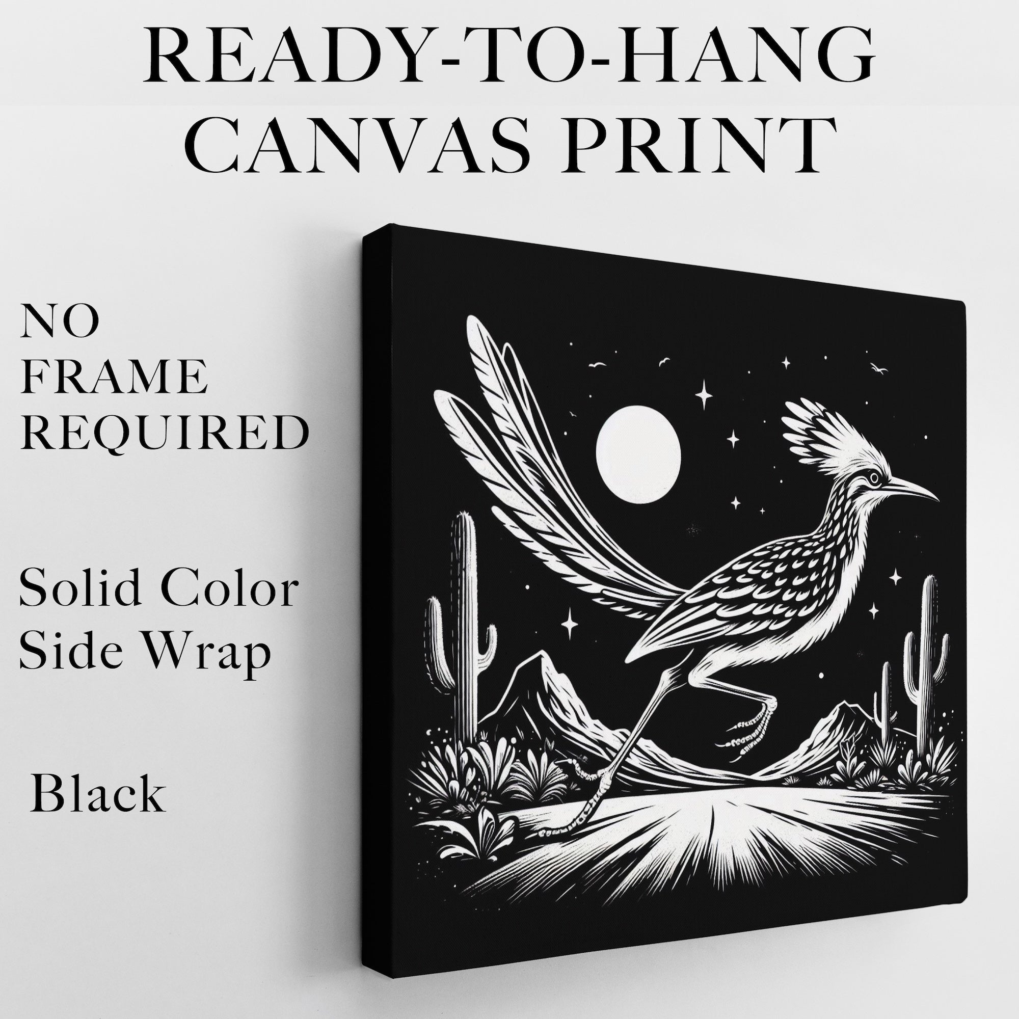 Roadrunner Moon: Western Black & White Desert Scene (Ready-to-Hang Canvas or Ready-to-Frame Fine Art Poster Print)