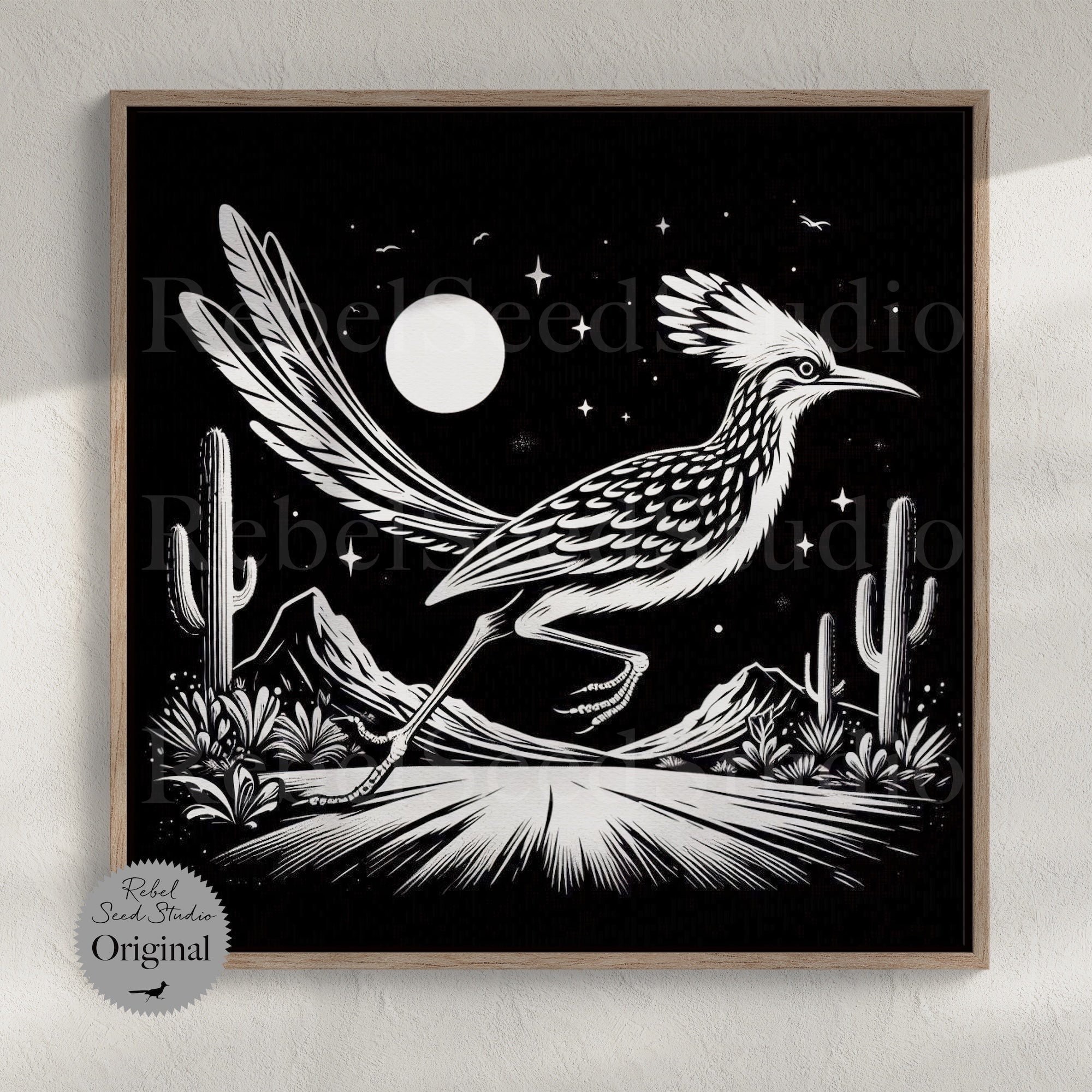 Roadrunner Moon | Black & White Western Desert (Art Print)