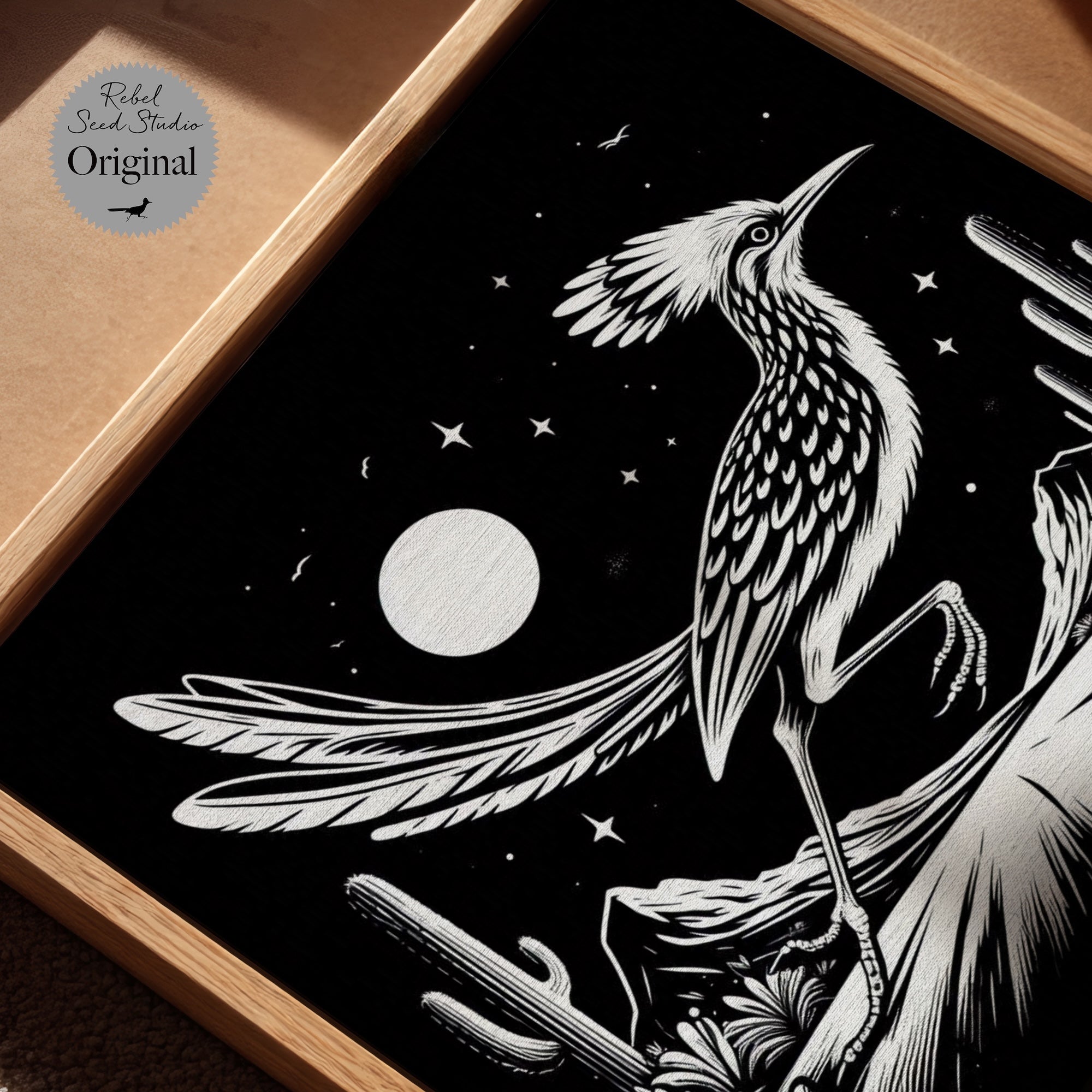 Roadrunner Moon: Western Black & White Desert Scene (Ready-to-Hang Canvas or Ready-to-Frame Fine Art Poster Print)