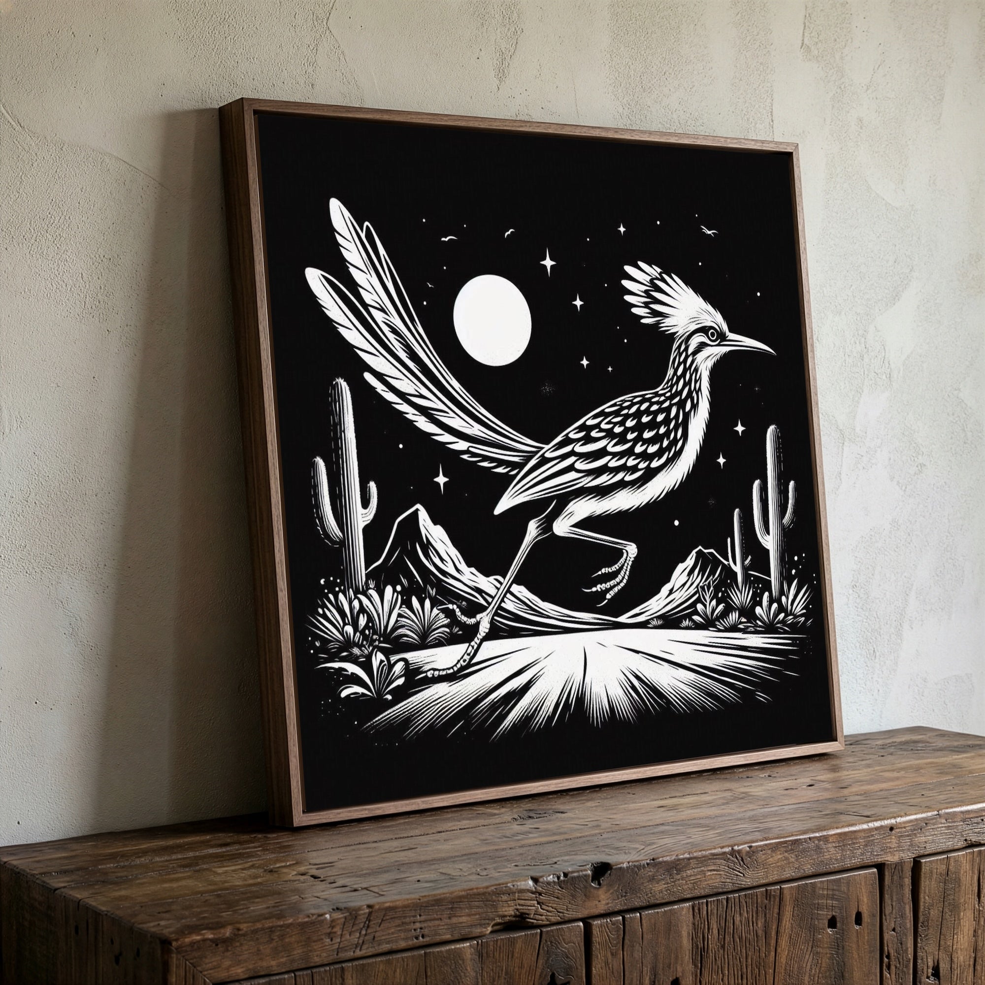 Roadrunner Moon: Western Black & White Desert Art Print