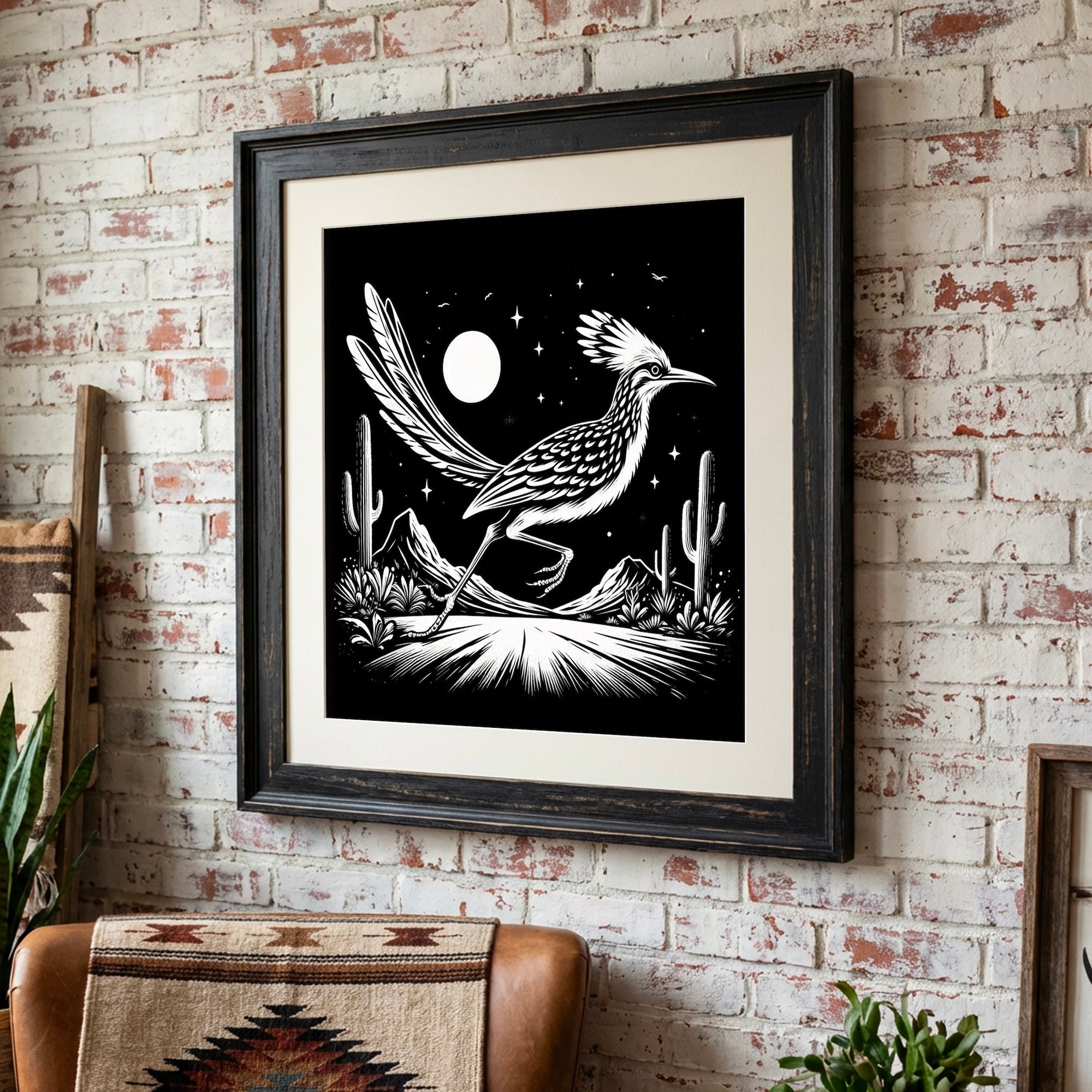 Roadrunner Moon: Western Black & White Desert Art Print