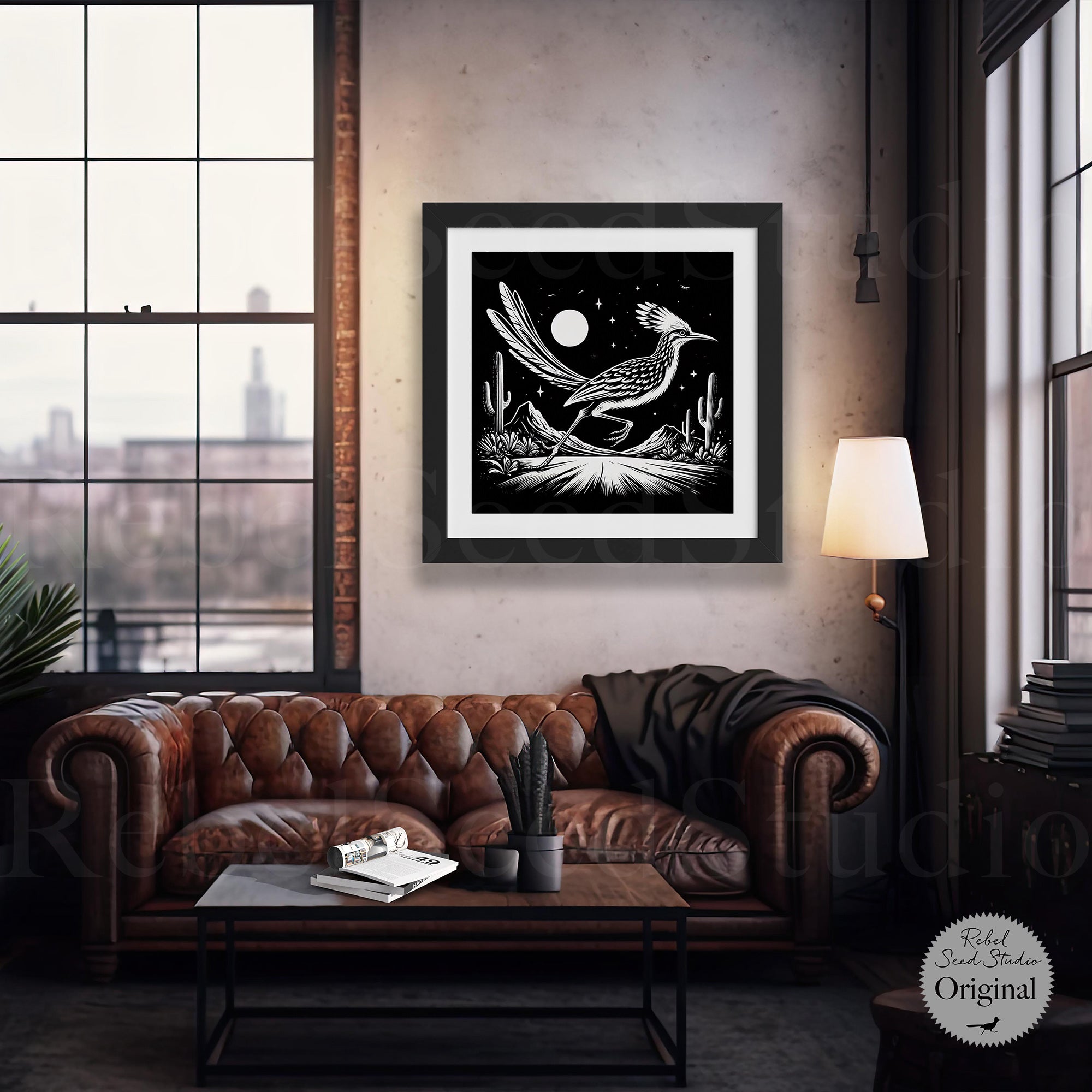 Roadrunner Moon: Western Black & White Desert Art Print