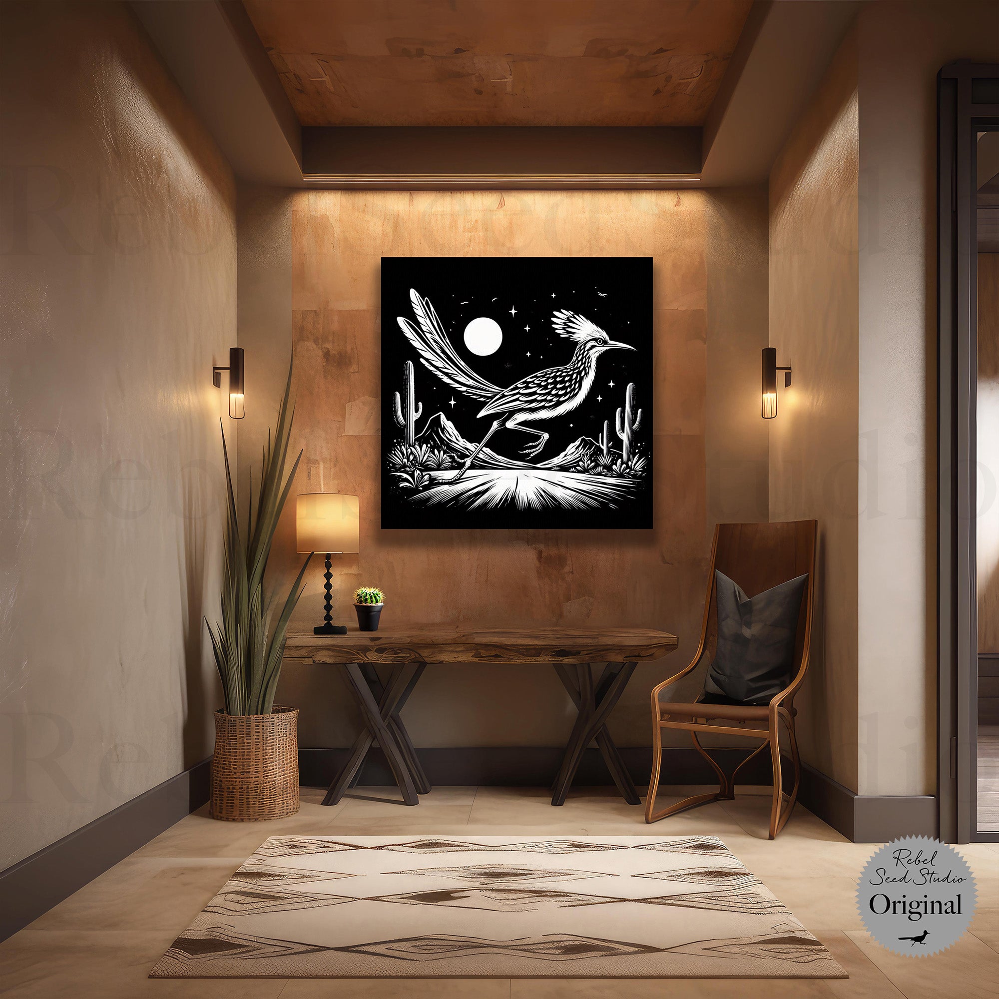 Roadrunner Moon: Western Black & White Desert Art Print