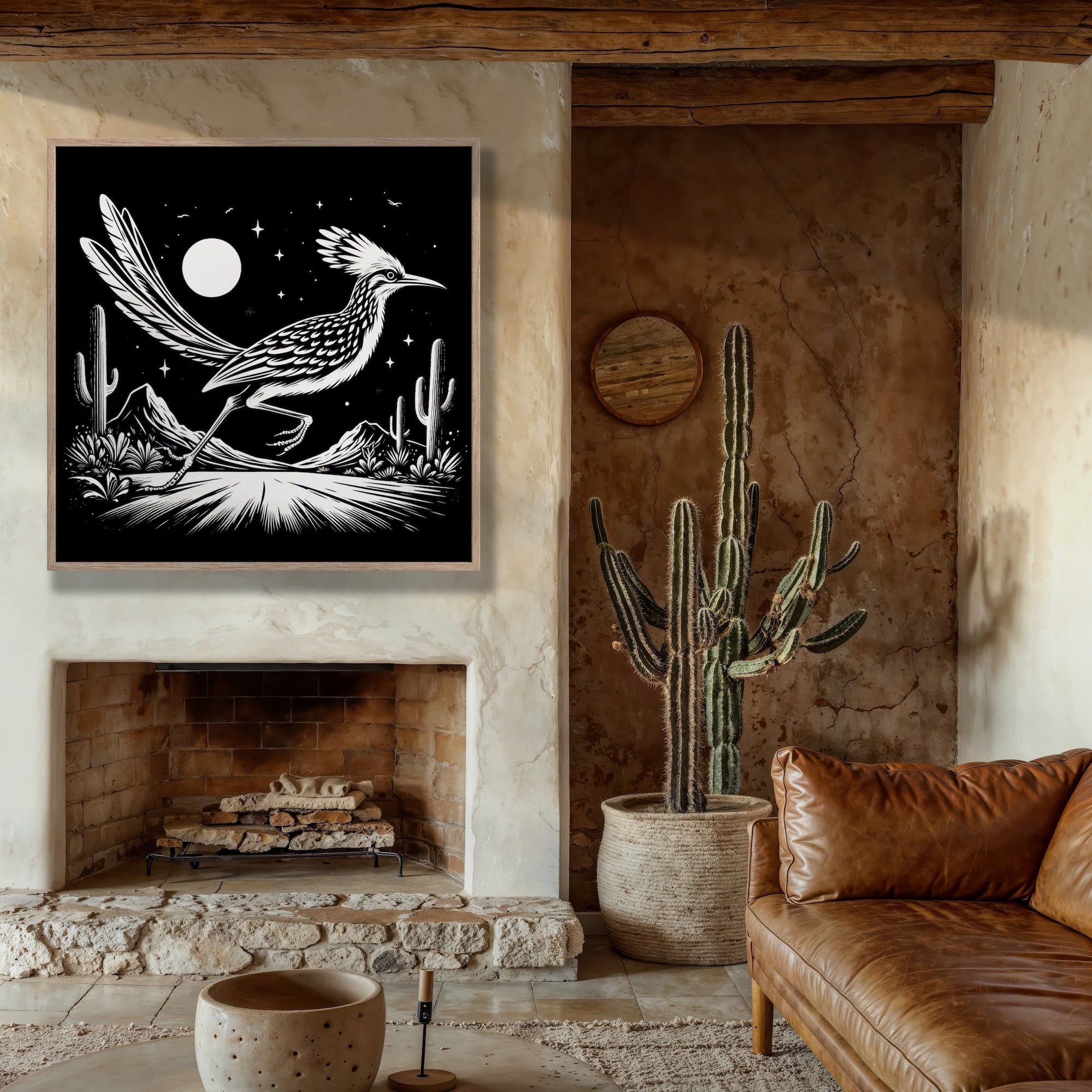 Roadrunner Moon: Western Black & White Desert Scene (Ready-to-Hang Canvas or Ready-to-Frame Fine Art Poster Print)