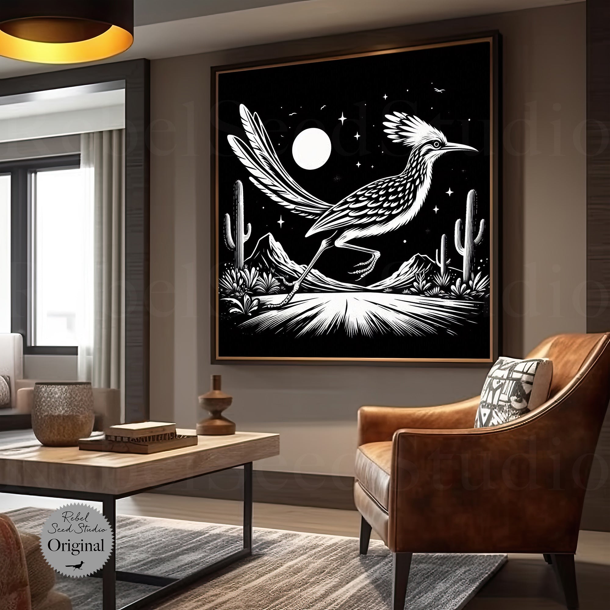 Roadrunner Moon: Western Black & White Desert Scene (Ready-to-Hang Canvas or Ready-to-Frame Fine Art Poster Print)