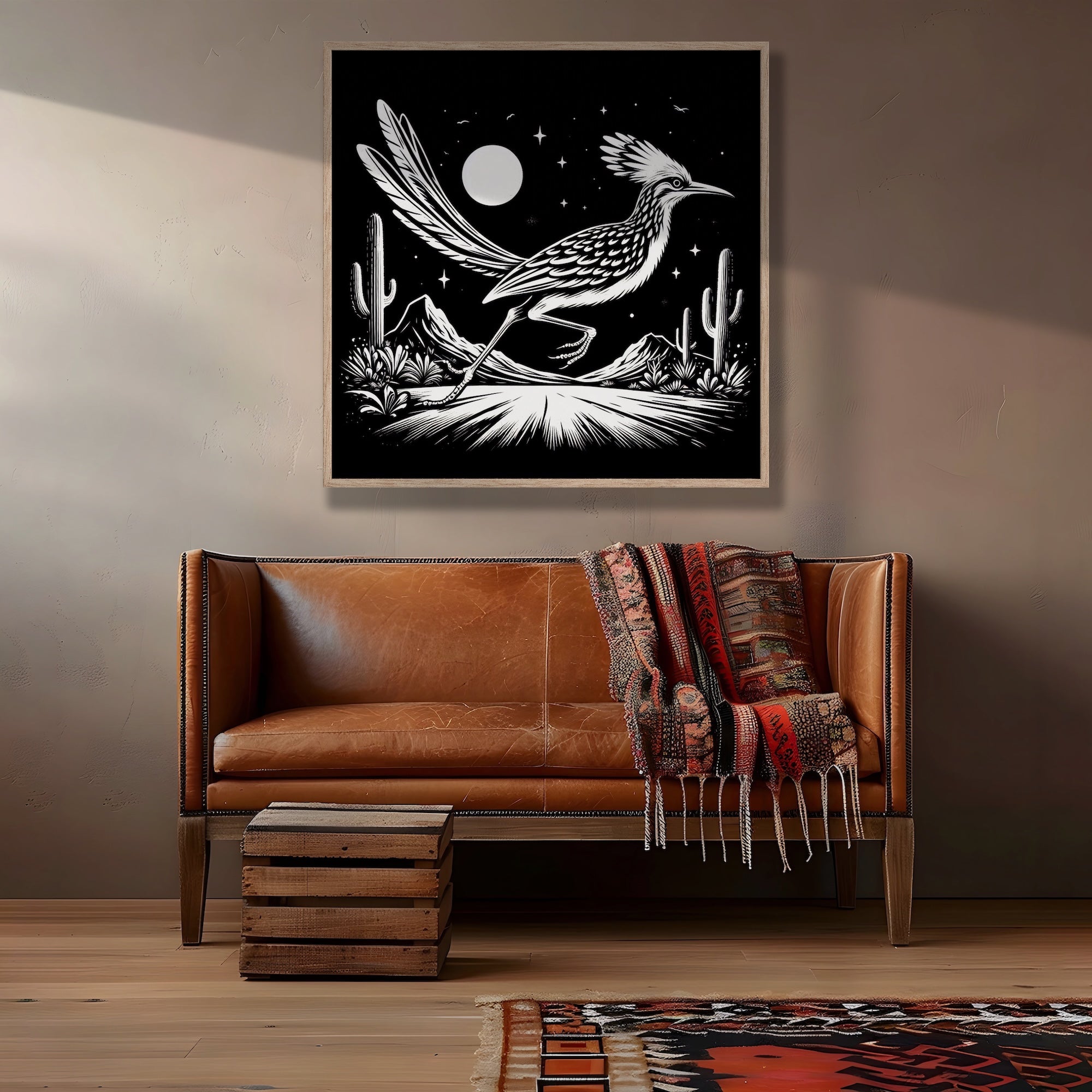 Roadrunner Moon: Western Black & White Desert Scene (Ready-to-Hang Canvas or Ready-to-Frame Fine Art Poster Print)
