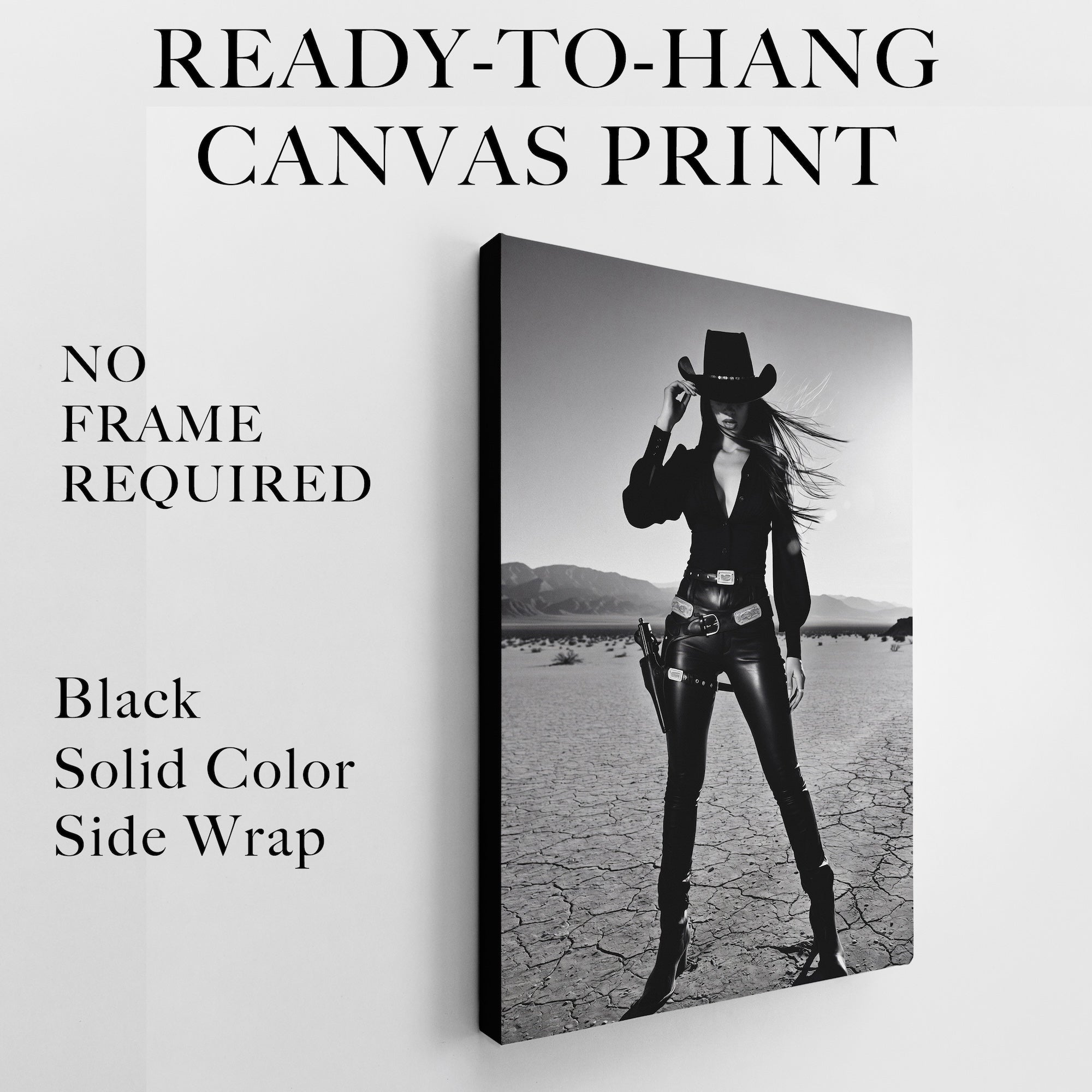 Sassy Outlaw Cowgirl: Wild West Woman with Six Shooter - Black & White Desert Photo Art Print