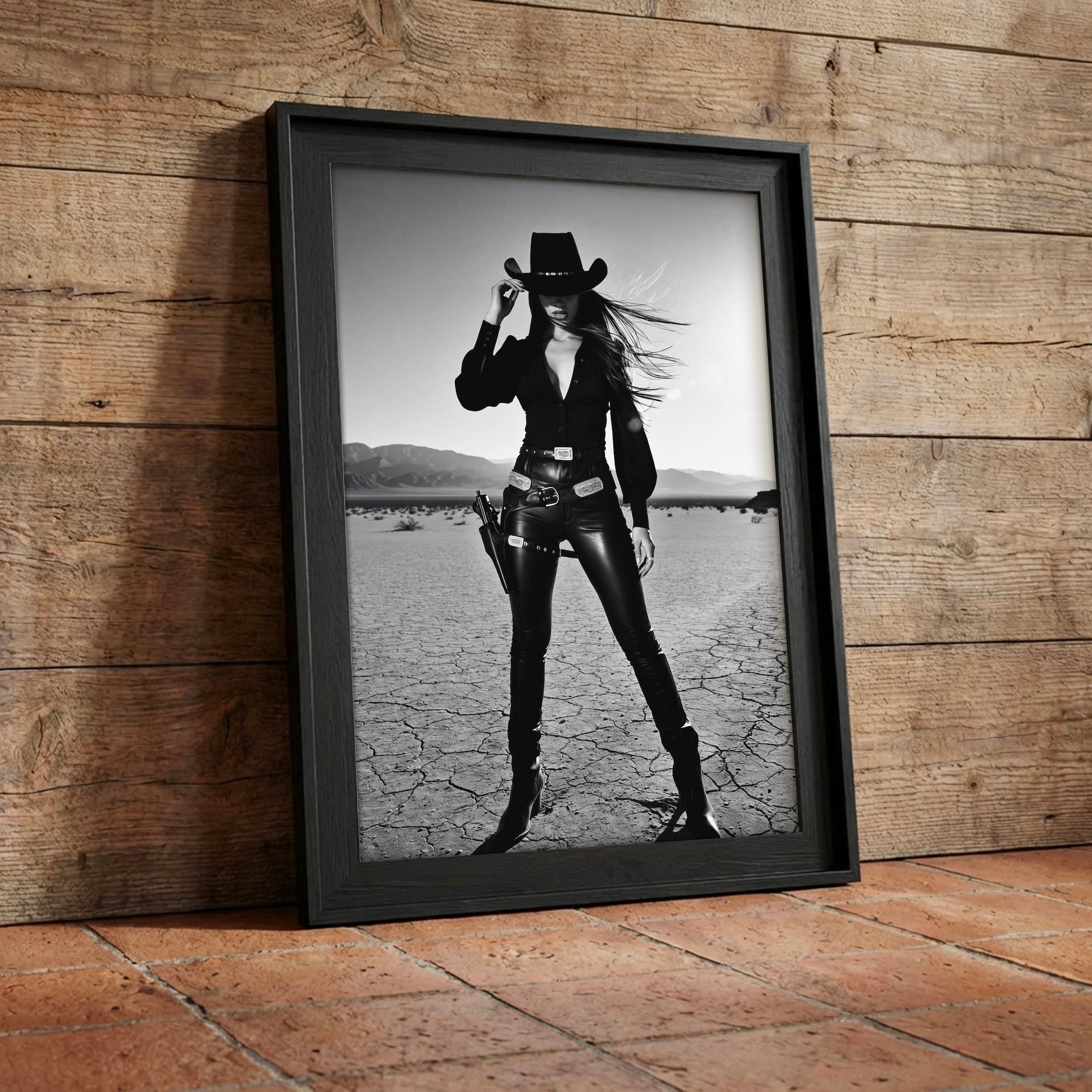 Sassy Outlaw Cowgirl: Wild West Woman with Six Shooter - Black & White Desert Photo Art Print