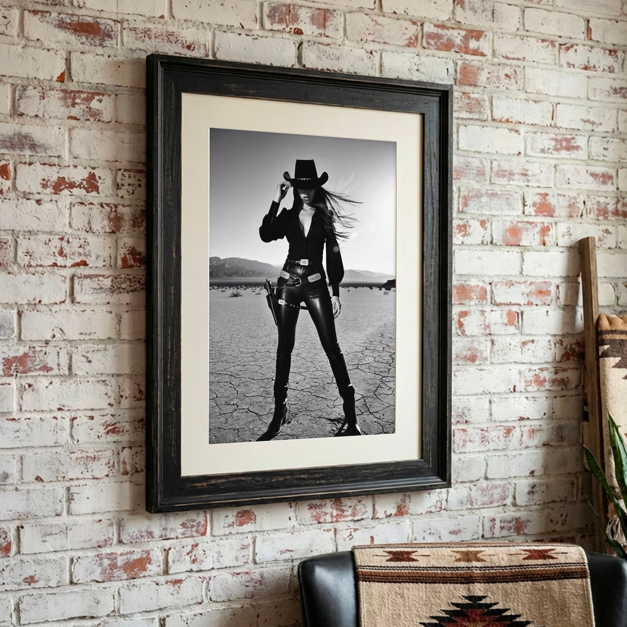 Sassy Outlaw Cowgirl: Wild West Woman with Six Shooter - Black & White Desert Photo Art Print