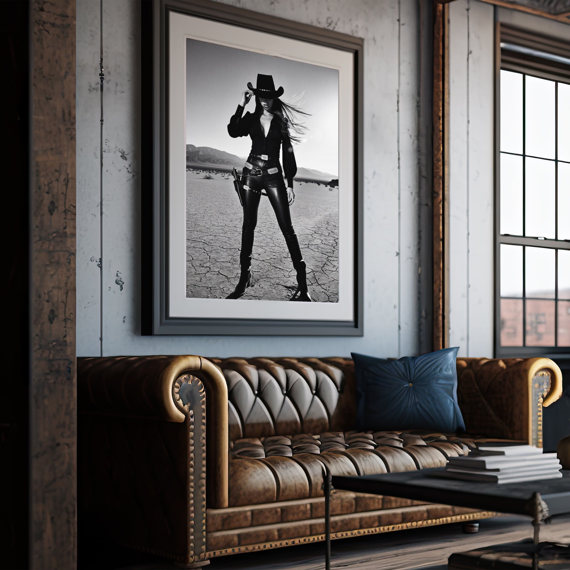 Sassy Outlaw Cowgirl: Wild West Woman with Six Shooter - Black & White Desert Photo Art Print