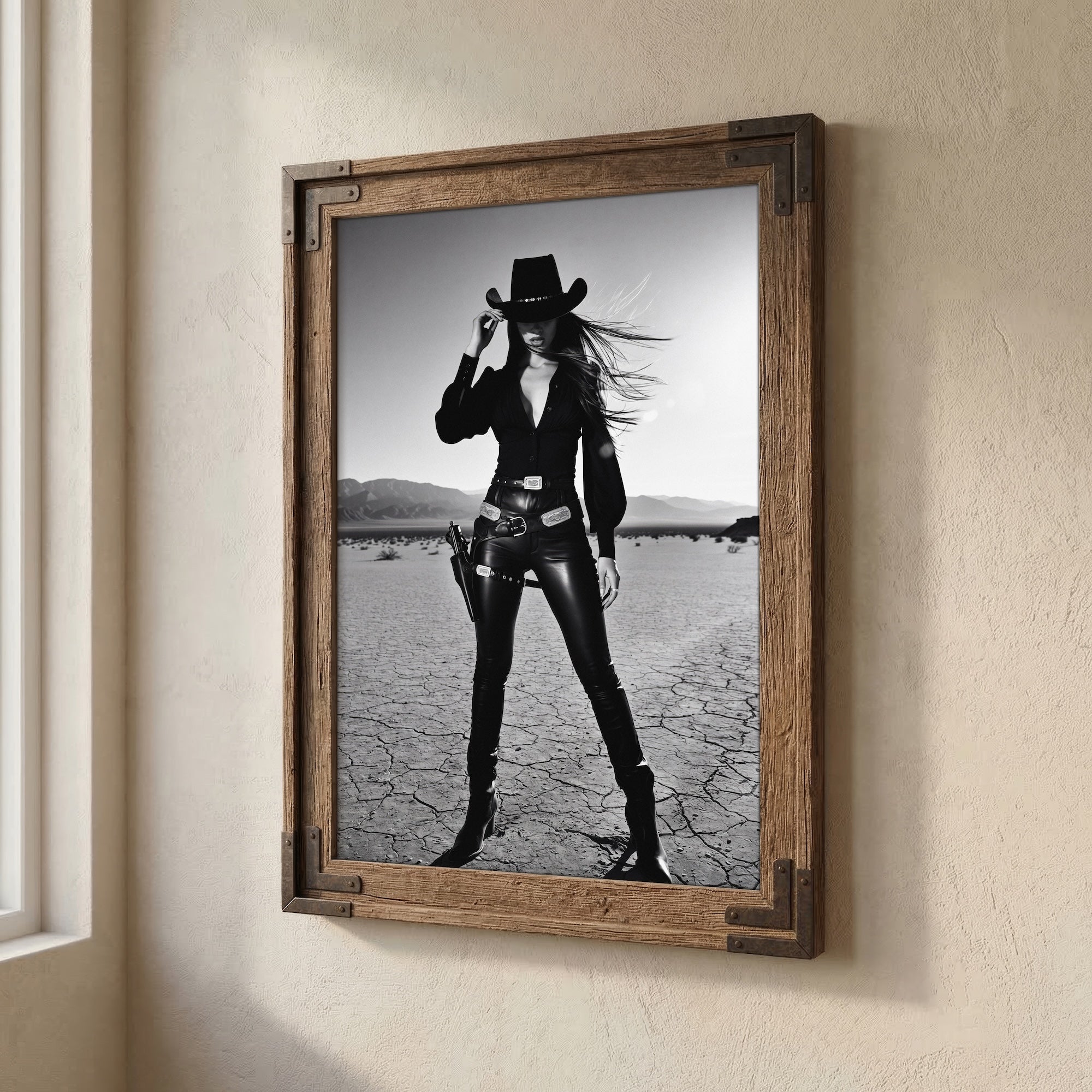 Sassy Outlaw Cowgirl: Wild West Woman with Six Shooter - Black & White Desert Photo Art Print