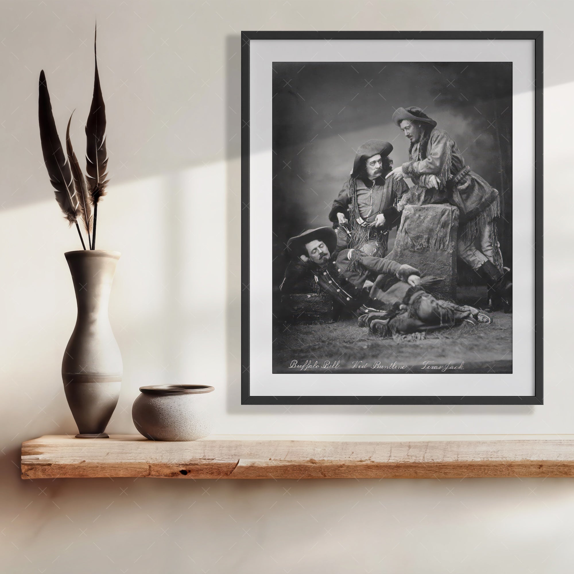Scouts of the Prairie: Buffalo Bill Cody, Texas Jack Omohundro, Ned Buntline - Vintage Old West Black & White Photograph (Art Print)