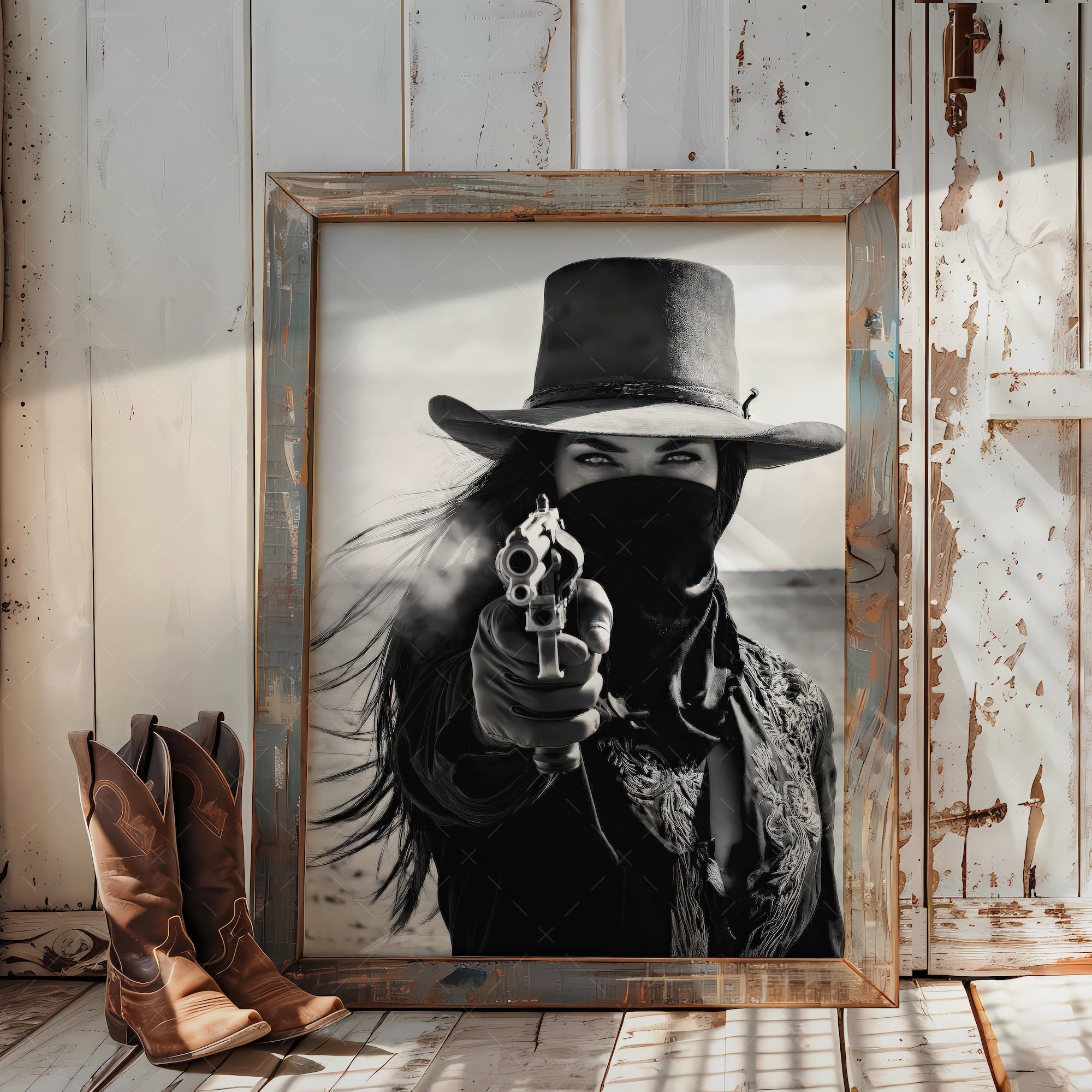 Six Shooter Cowgirl: Western Black & White Art Print