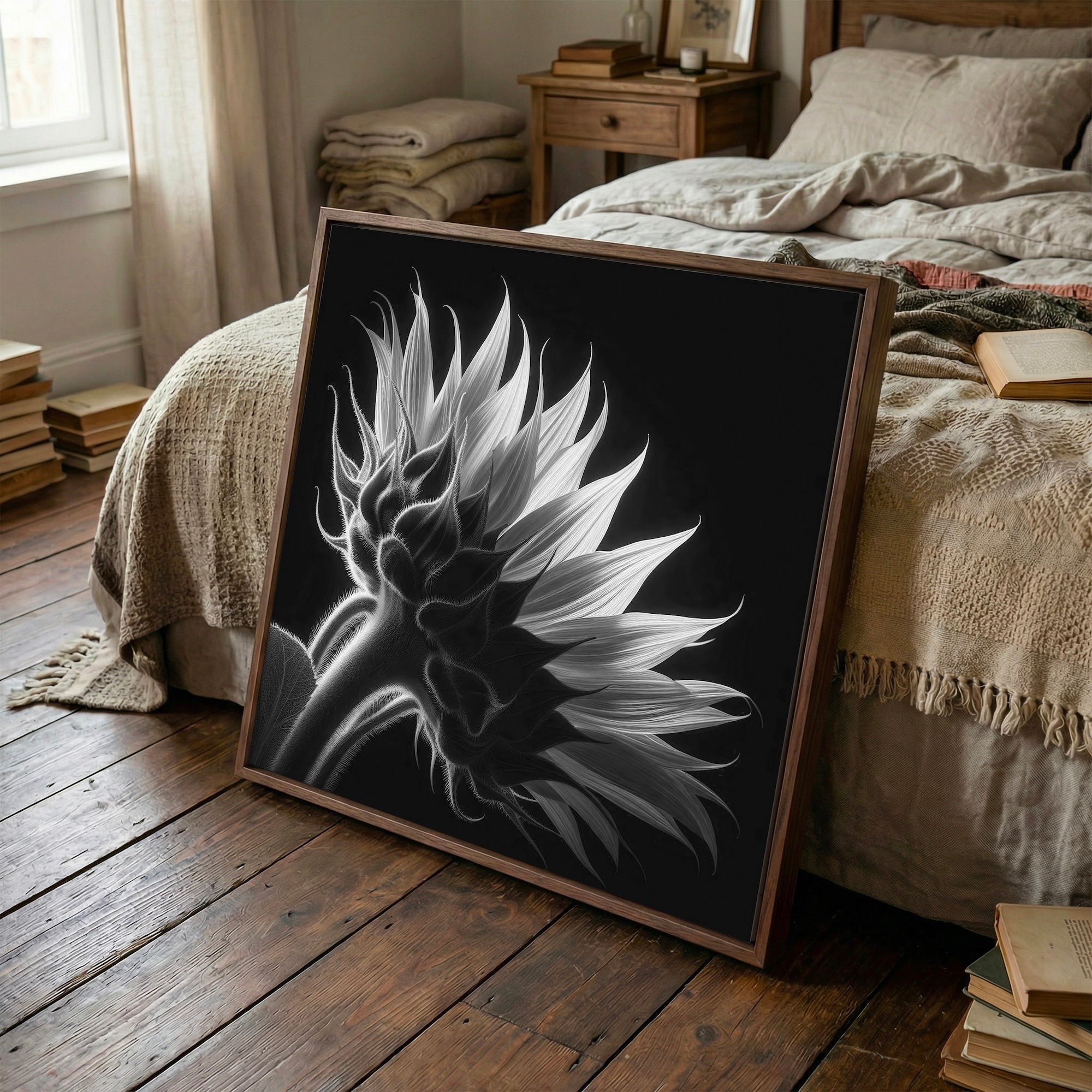 Sunflower: Black & White Nature Silhouette (Art Print)
