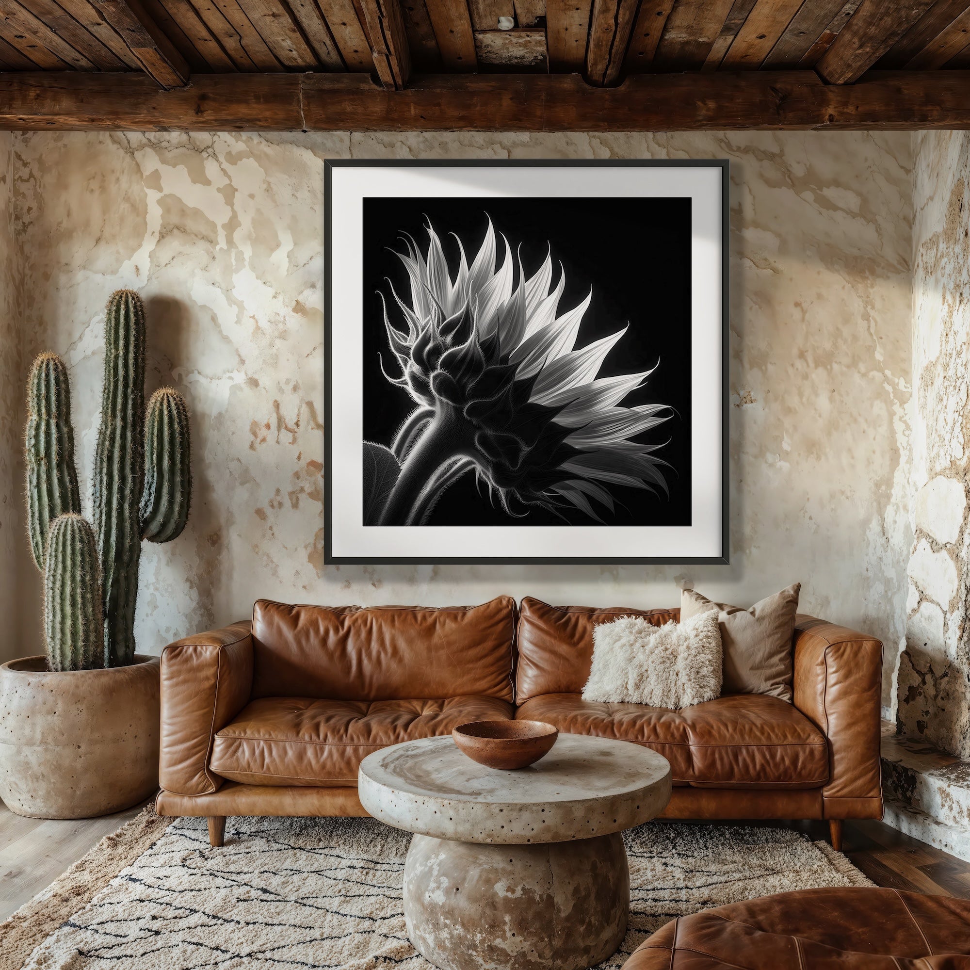 Sunflower: Black & White Nature Silhouette (Ready-to-Hang Canvas or Ready-to-Frame Fine Art Poster Print)