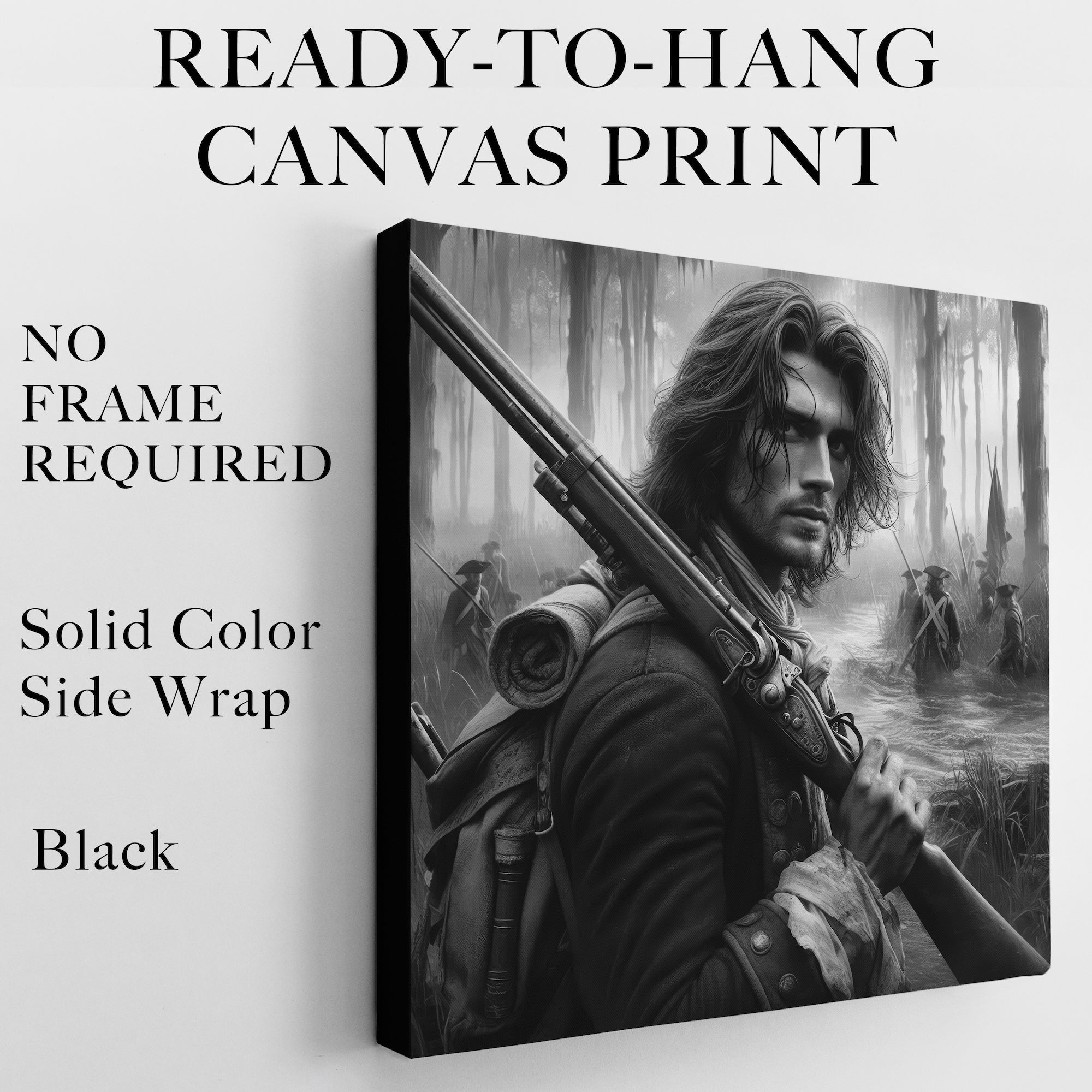 Swamp Fox: Revolutionary War Patriot - Black & White American Independence Soldier (Ready-to-Hang Canvas or Ready-to-Frame Fine Art Poster Print)